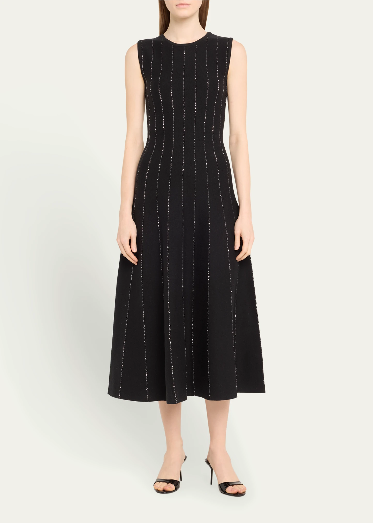 Jewel-Neck Sequined Stripe Midi Dress