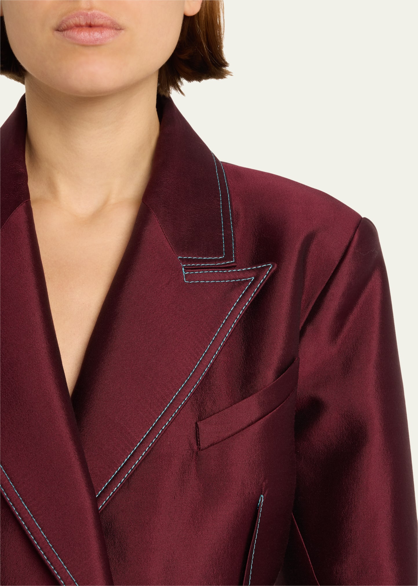 Pleated-Back Blazer Jacket with Contrast Seams