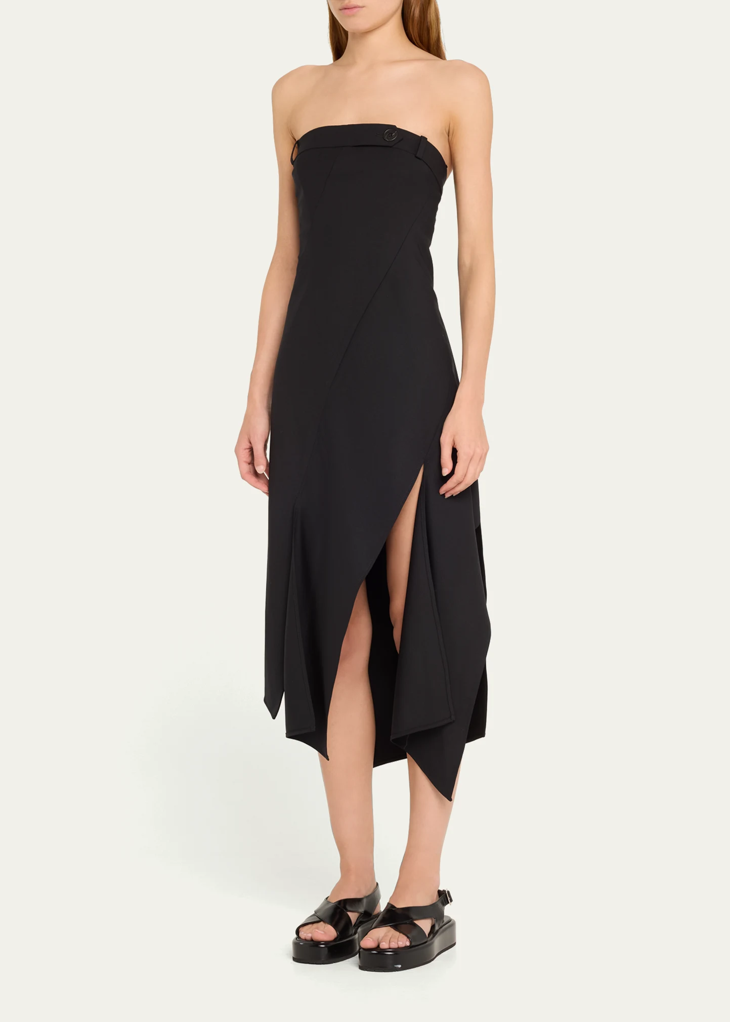 Twisted Suiting Strapless Handkerchief Wool Midi Dress