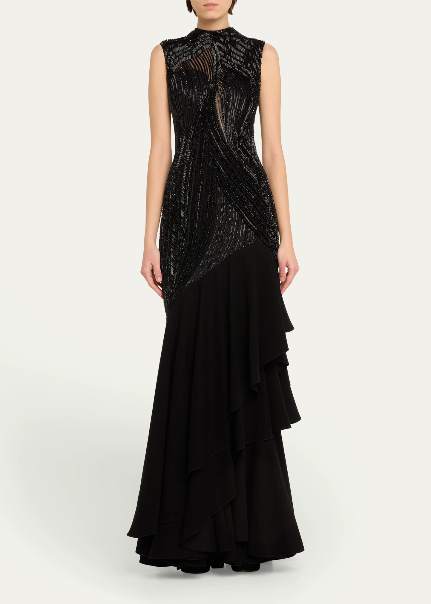 The Beaded Tulle Ruffle Draped Gown