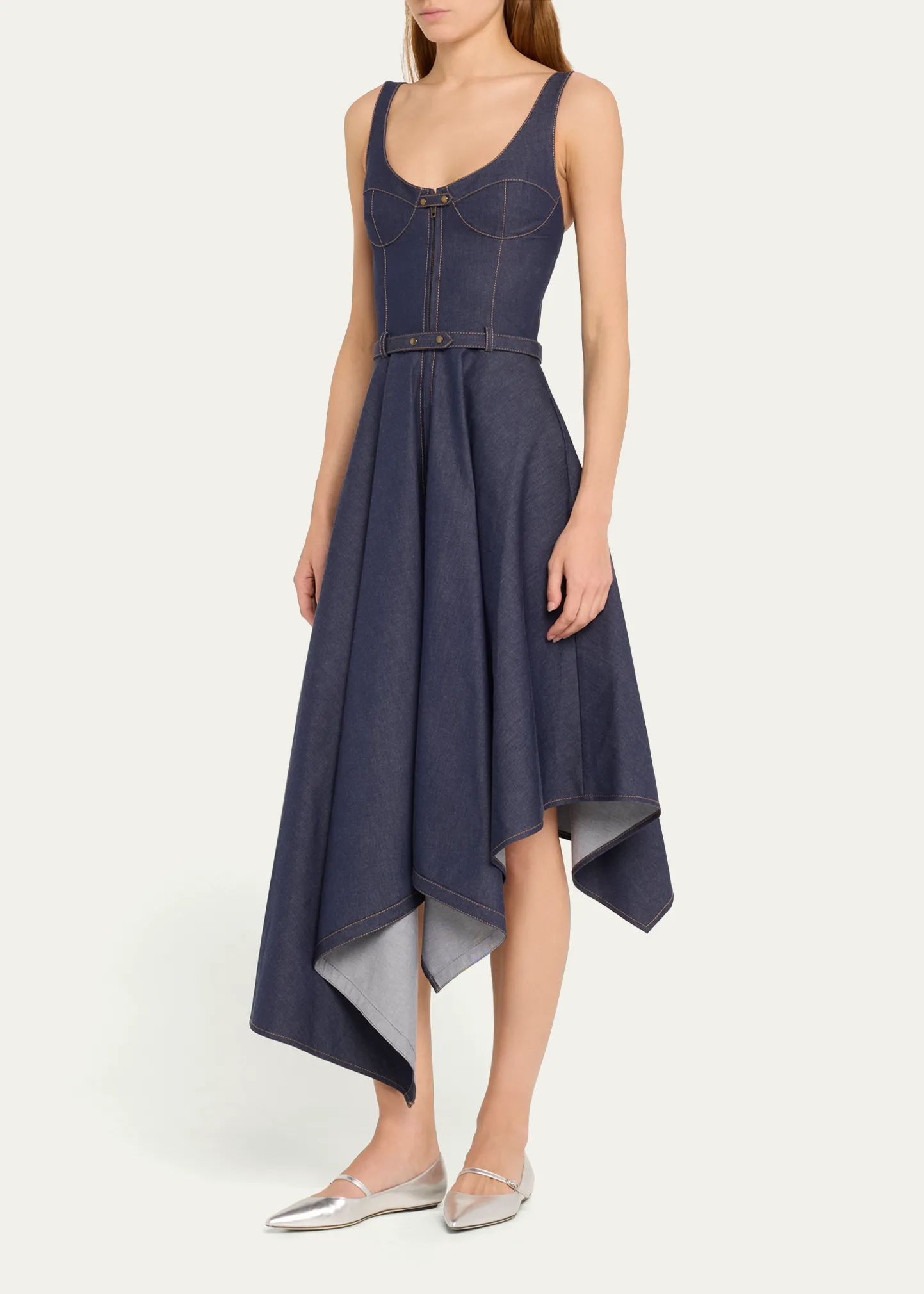 Denim Asymmetric Flared Midi Dress