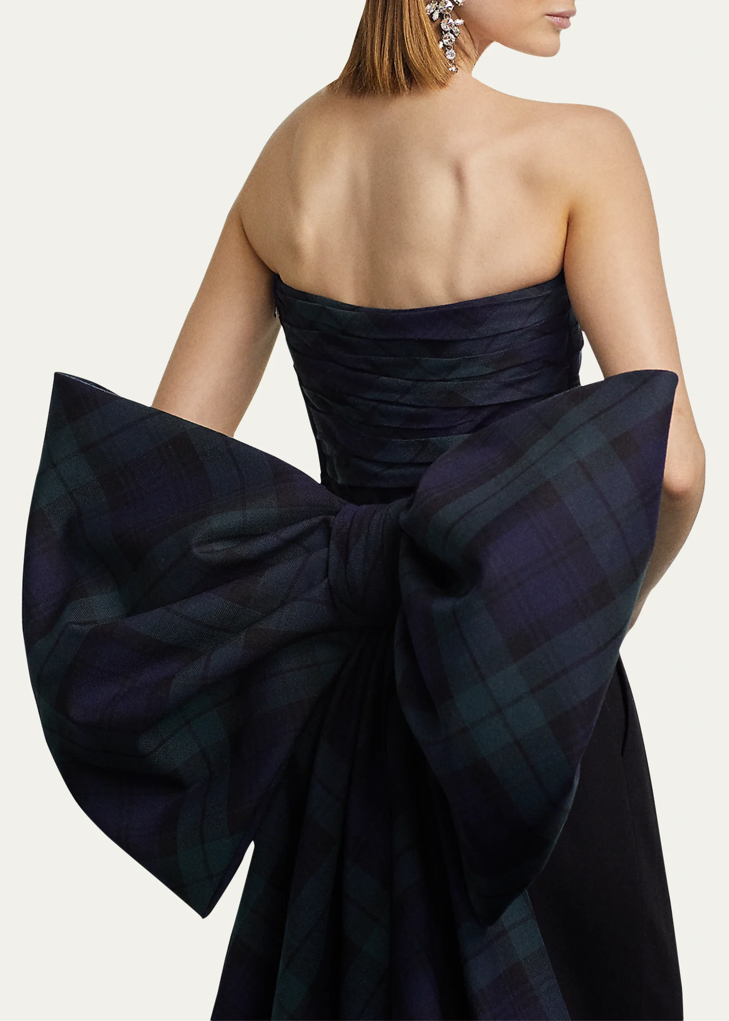 Arding Tartan Pleated Strapless Top with Bow Back