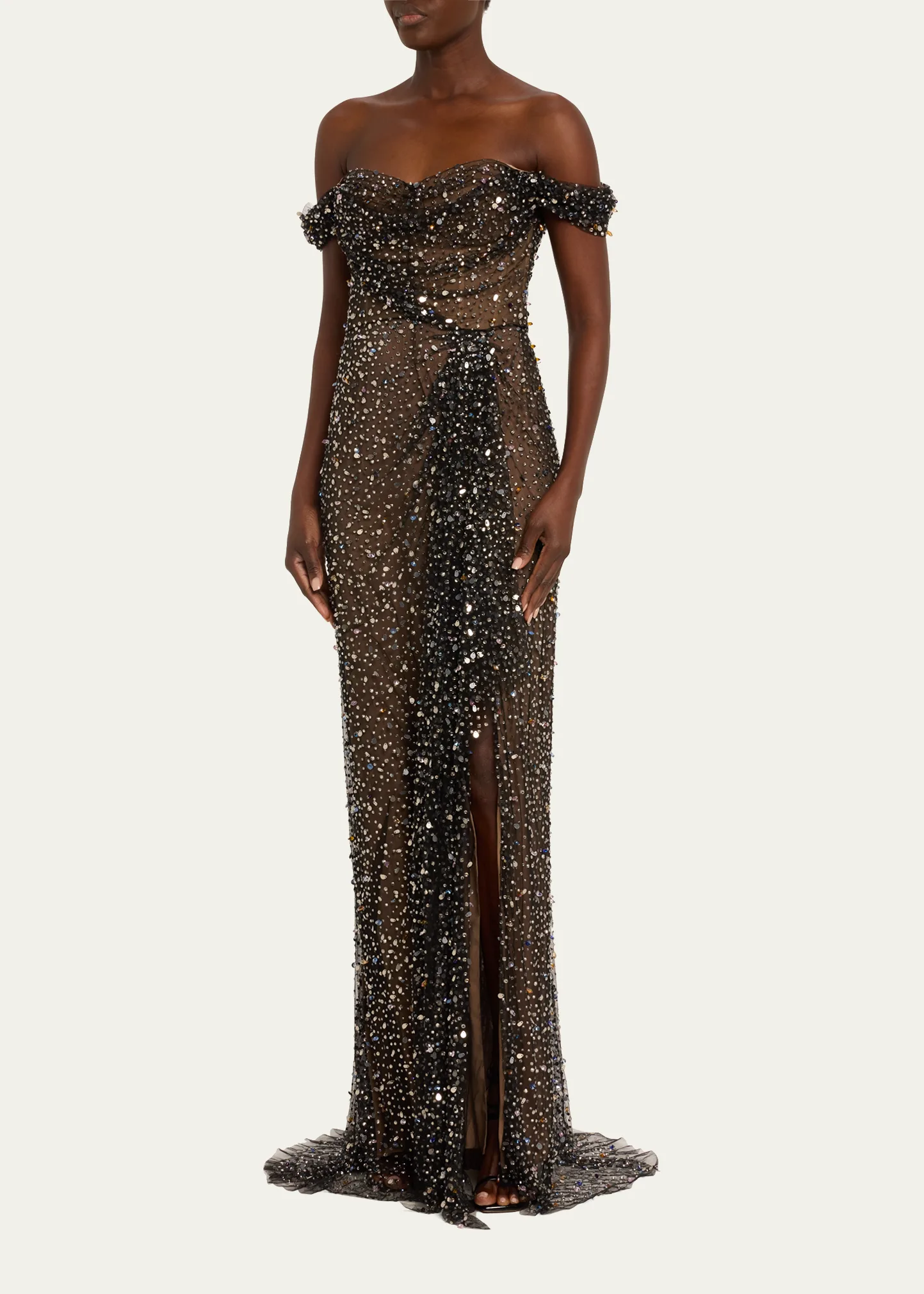 Off-Shoulder Illusion Gown with Multicolor Crystal and Sequin Details