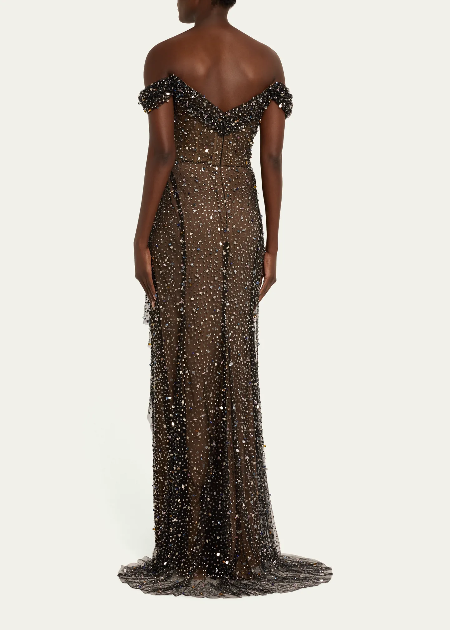 Off-Shoulder Illusion Gown with Multicolor Crystal and Sequin Details