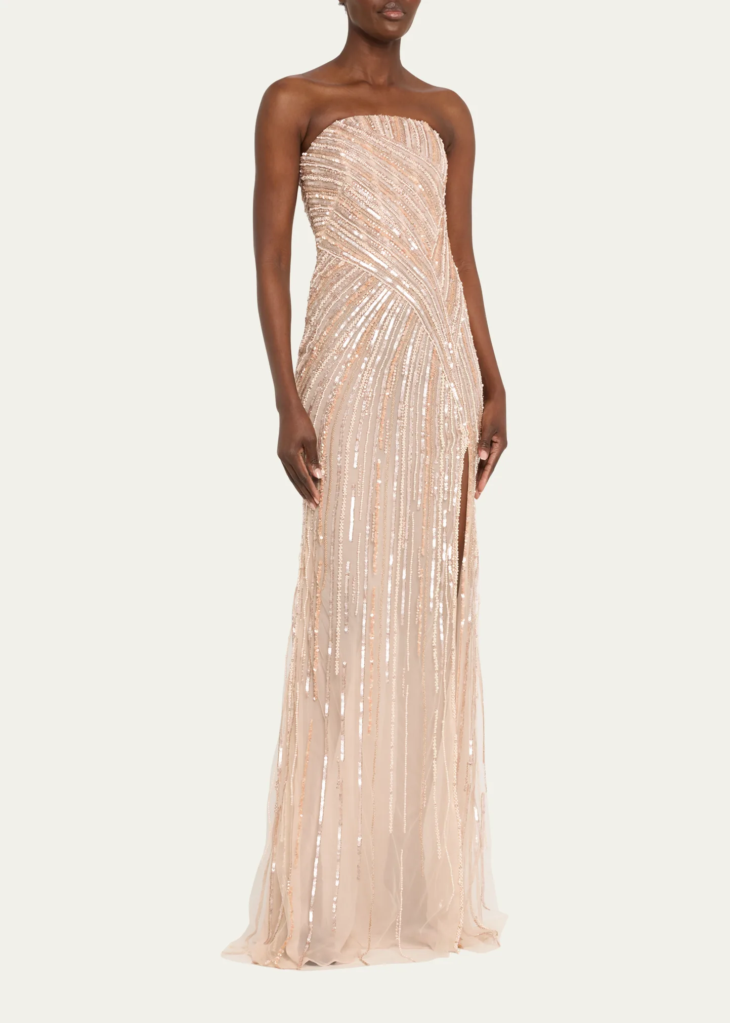 Ombre Swirl Bead Sequined Strapless Tulle Gown