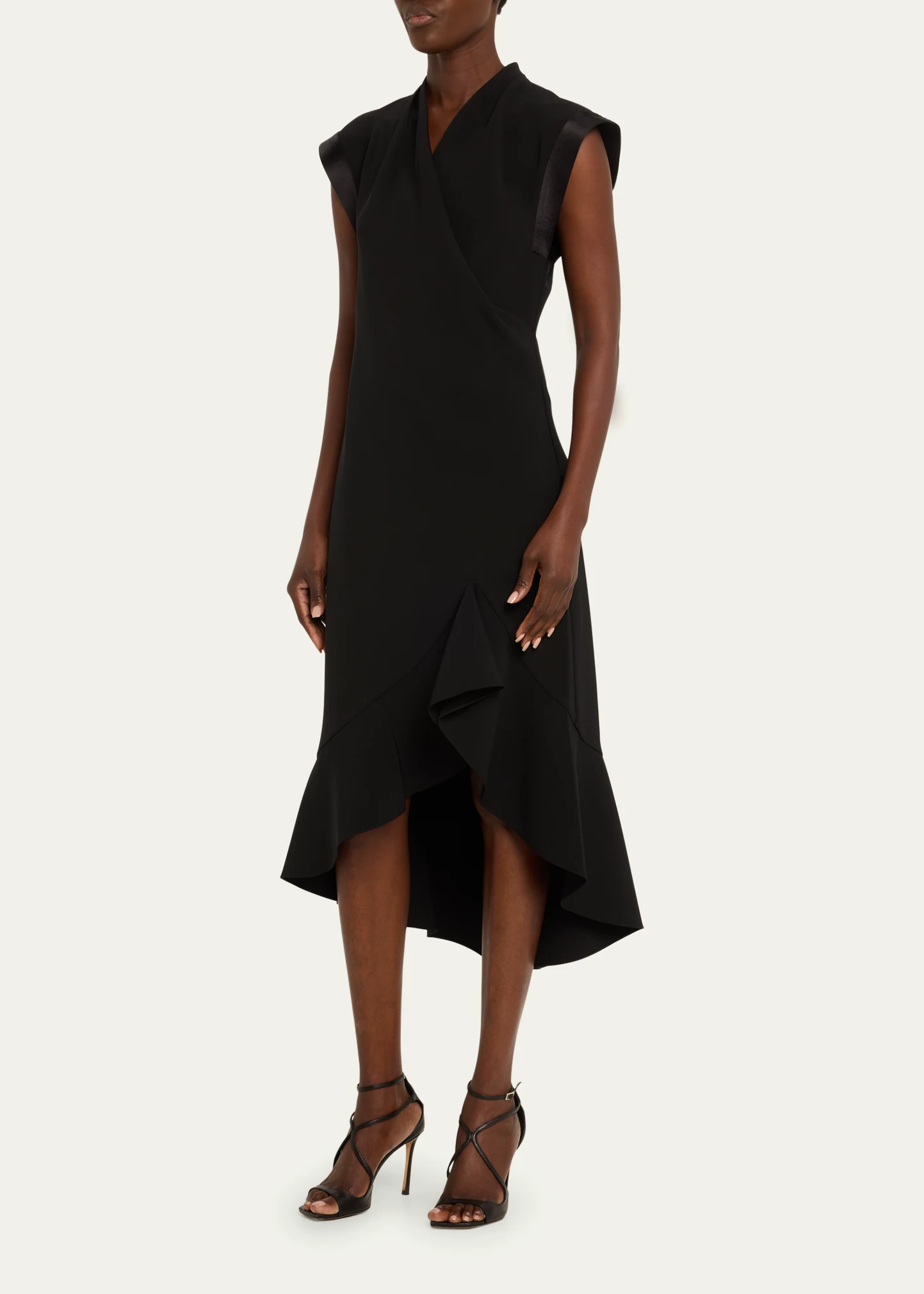 Drape Front Ruffle Hem High-Low Midi Dress