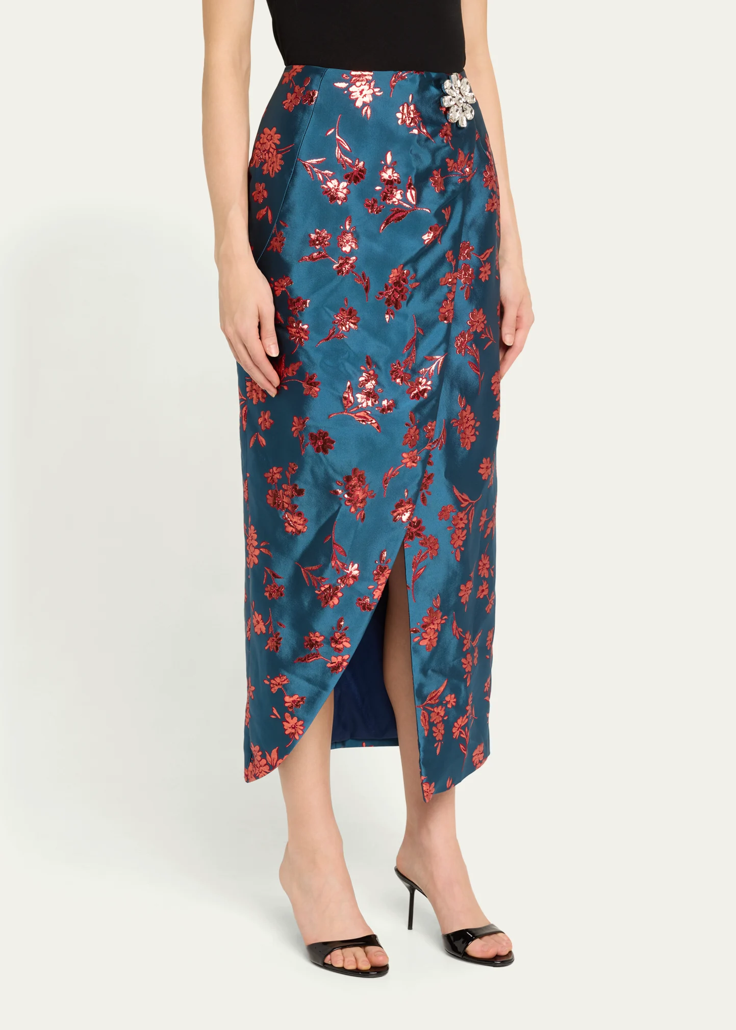 Arista Wrap-Front Satin Brocade Midi Skirt