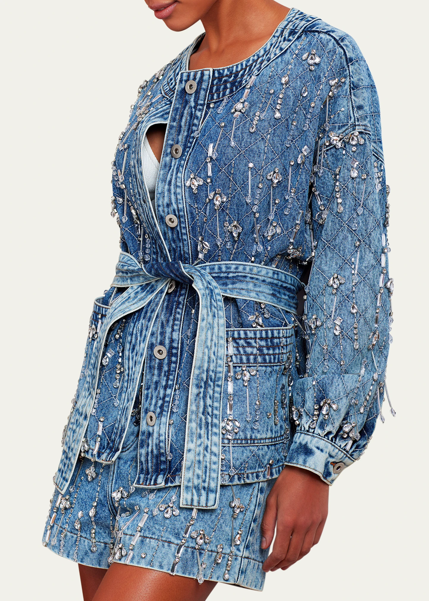 Hand-Beaded Faux Pearl and Rhinestone Denim Jacket