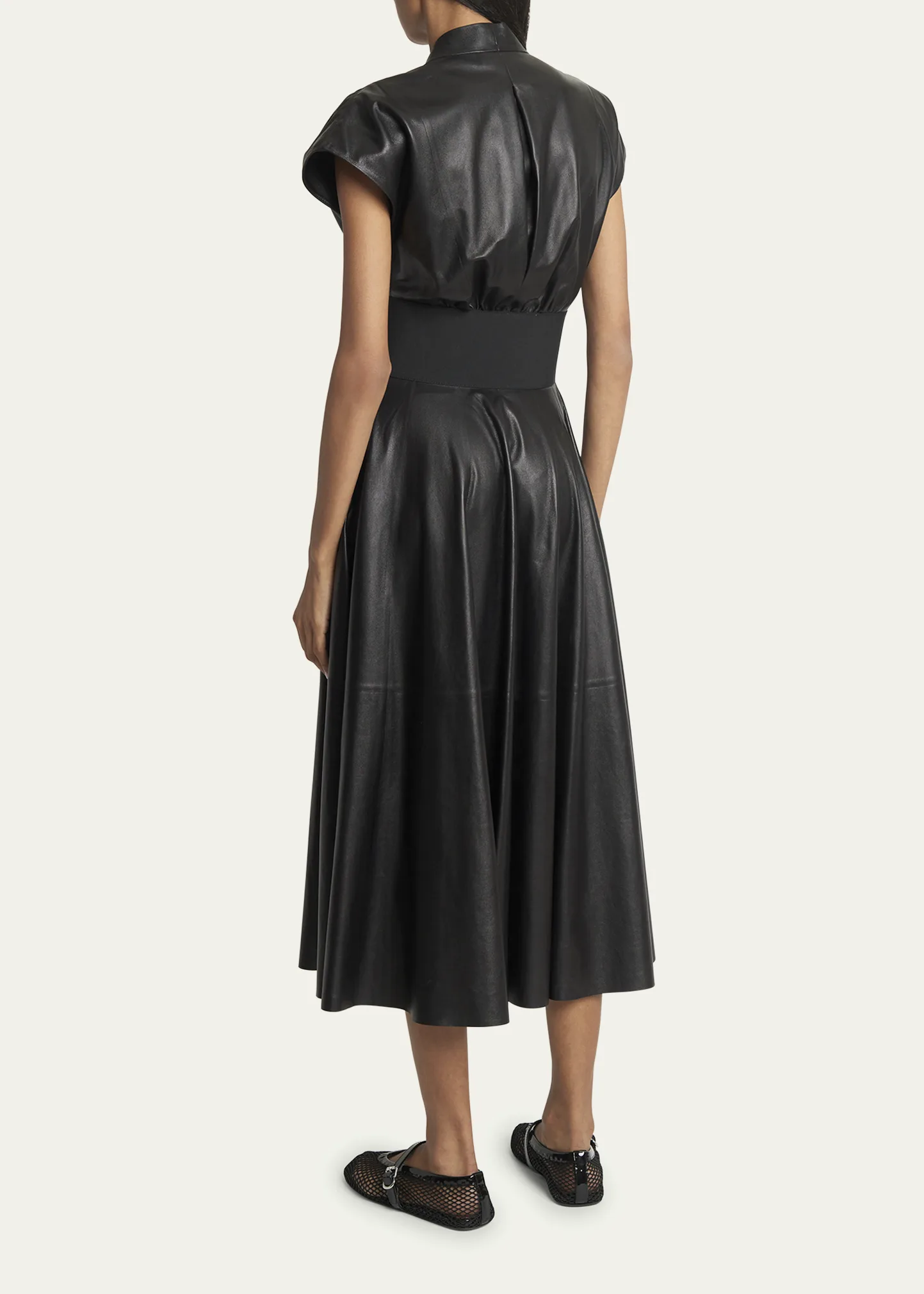 Leather Belted V-Neck Flared Midi Dress