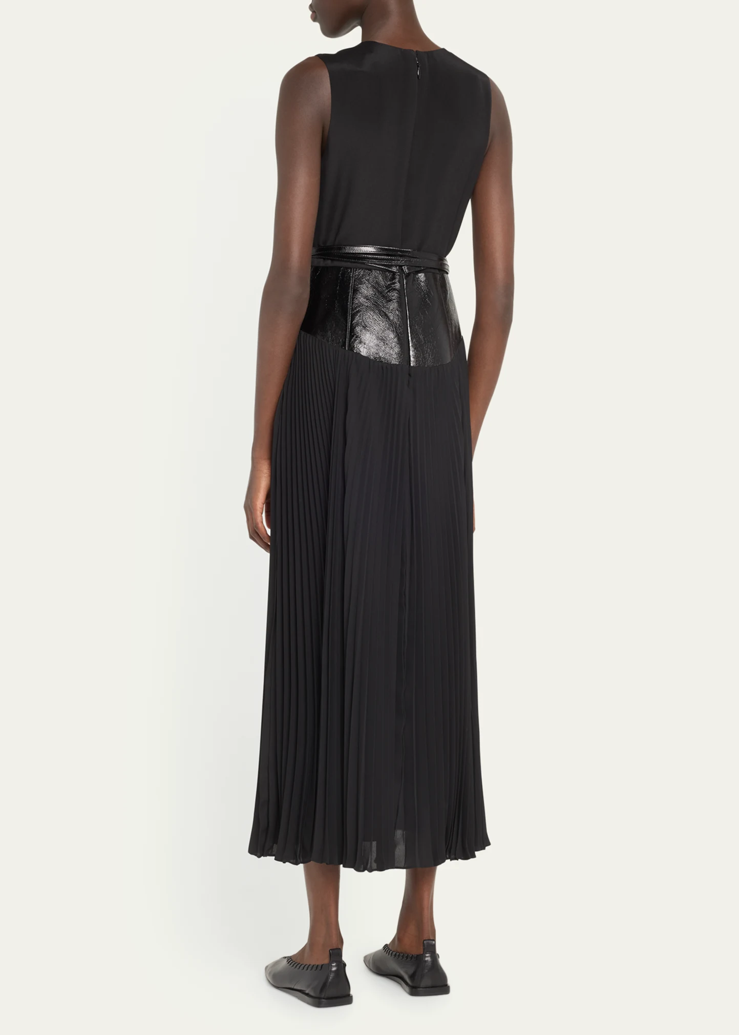 Leather Belt Gown with Pleated Skirt