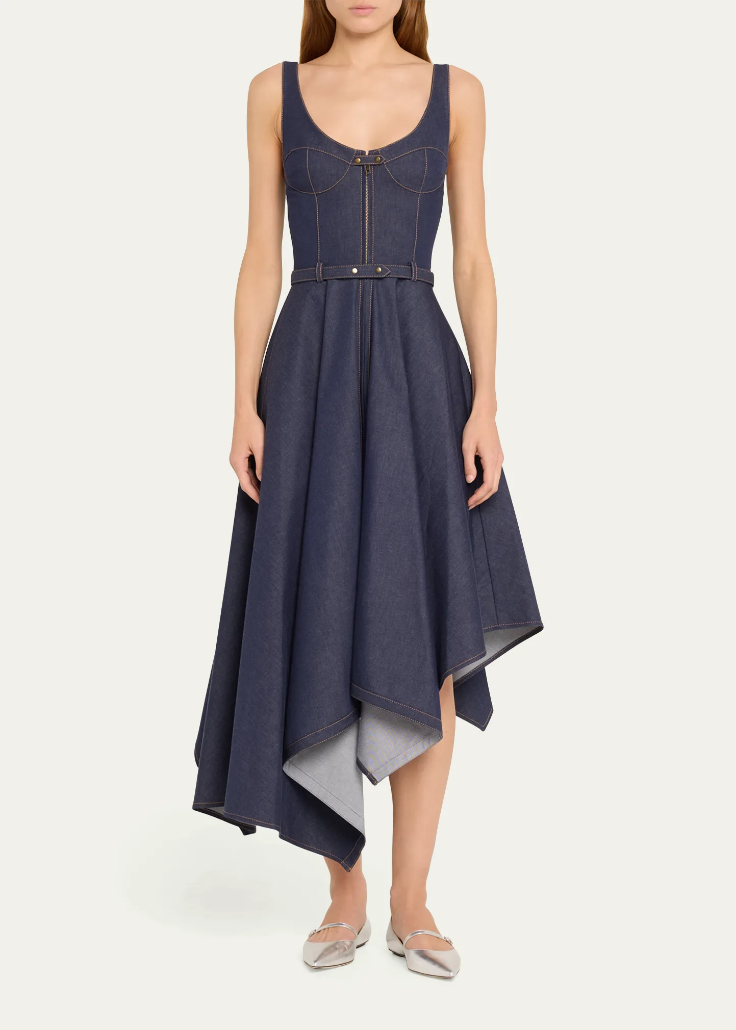 Denim Asymmetric Flared Midi Dress