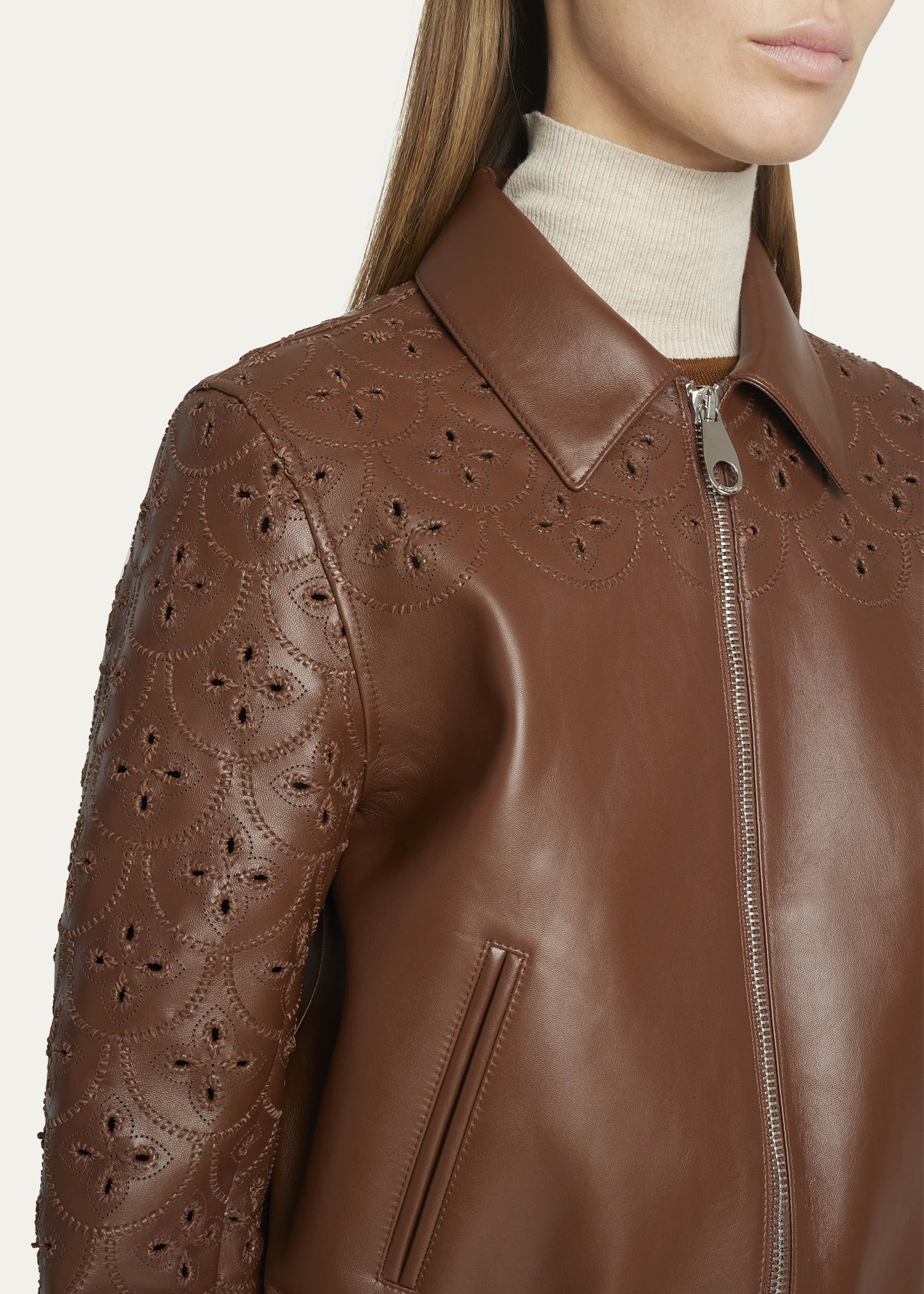 Leather Short Jacket with Cutout Eyelet Embroidery