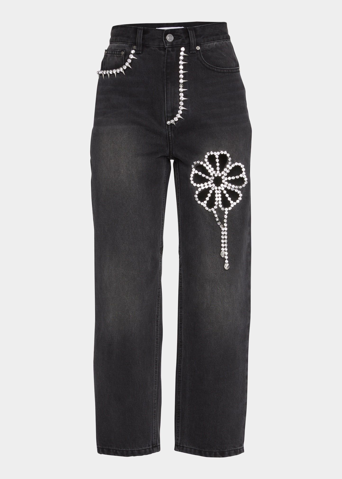 Crystal Flower Cutout Denim Pants