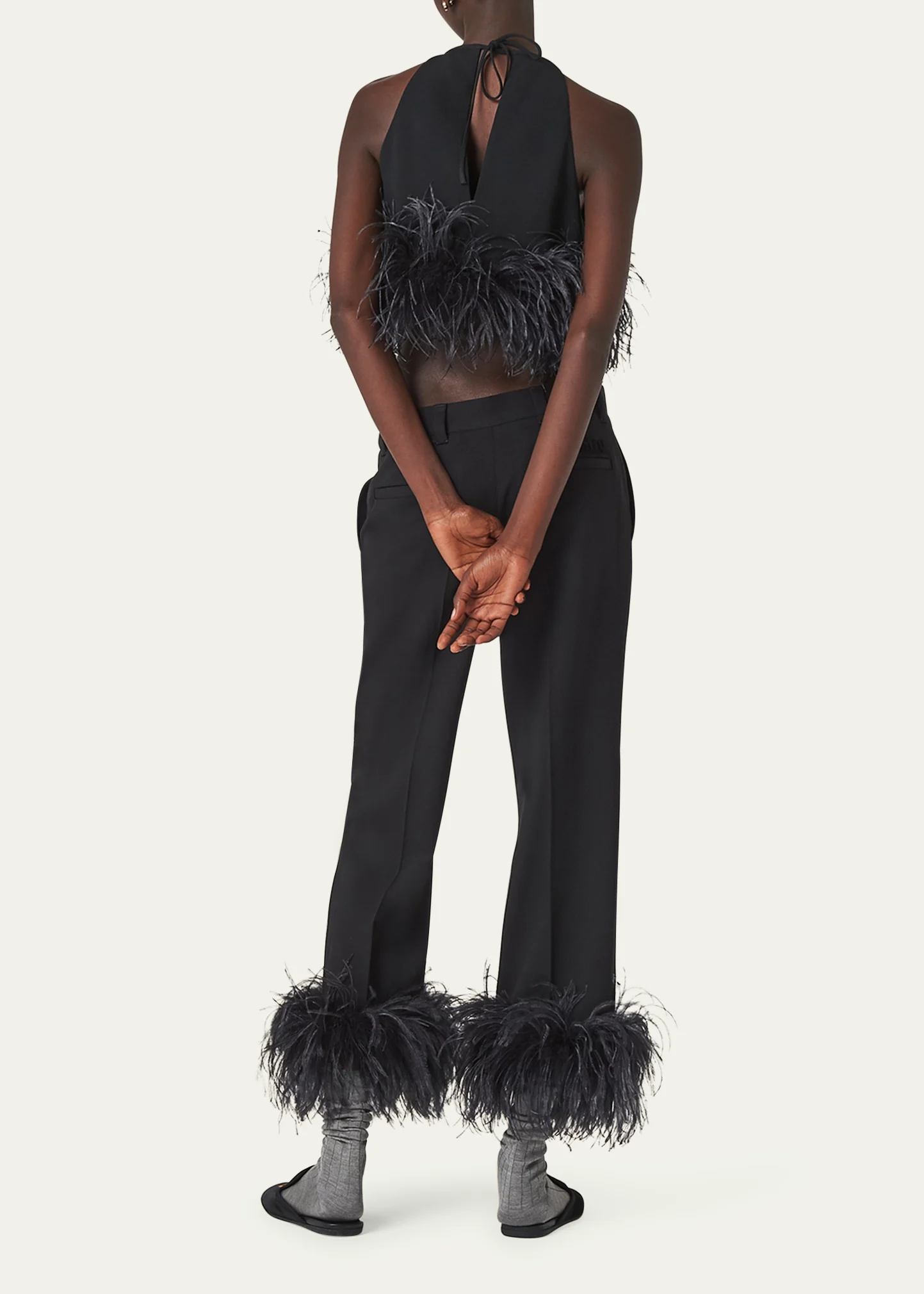 Wool Wide Leg Pants with Feather Trim