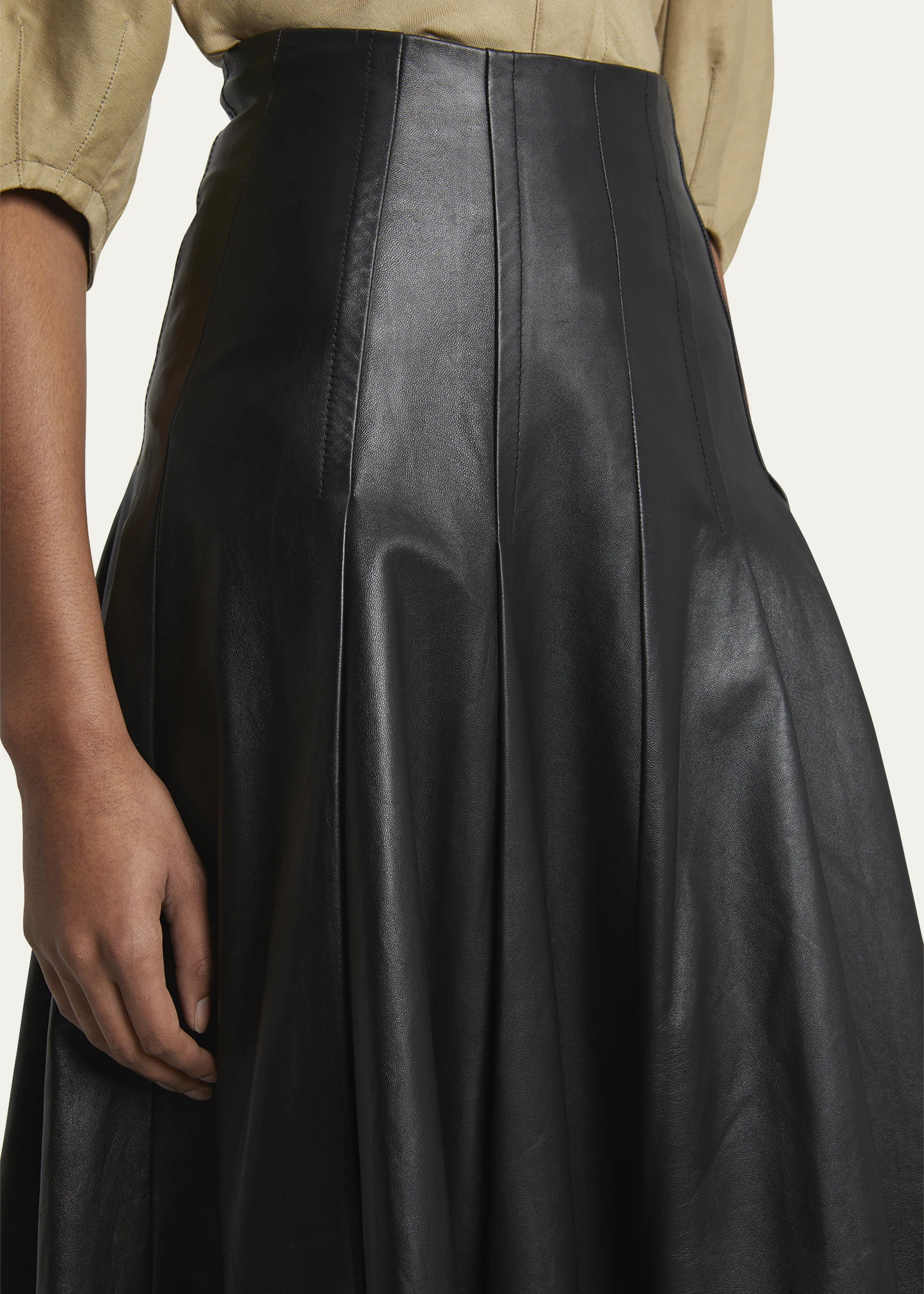 Moore Fit-Flare Glossy Leather Midi Skirt