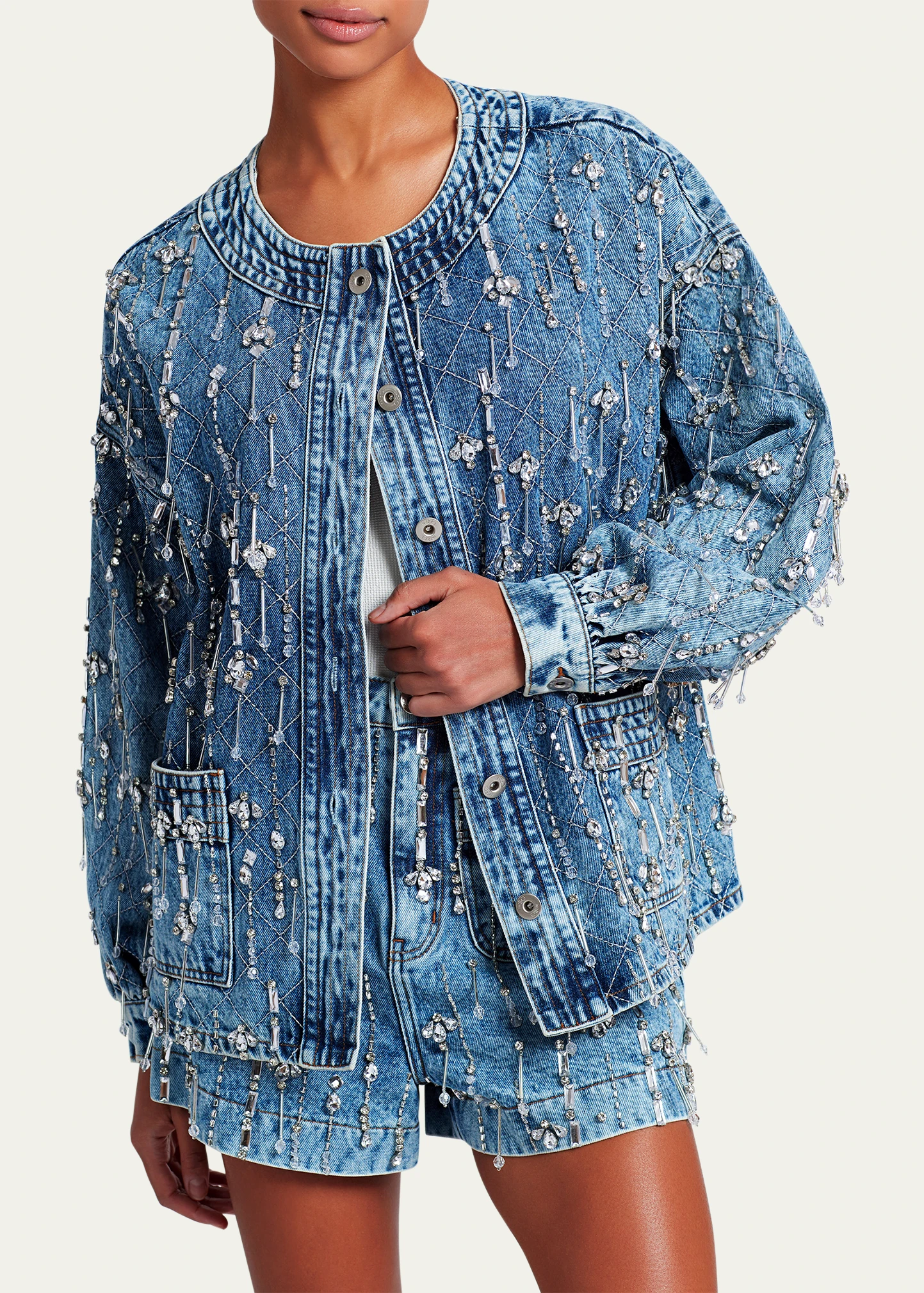 Hand-Beaded Faux Pearl and Rhinestone Denim Jacket