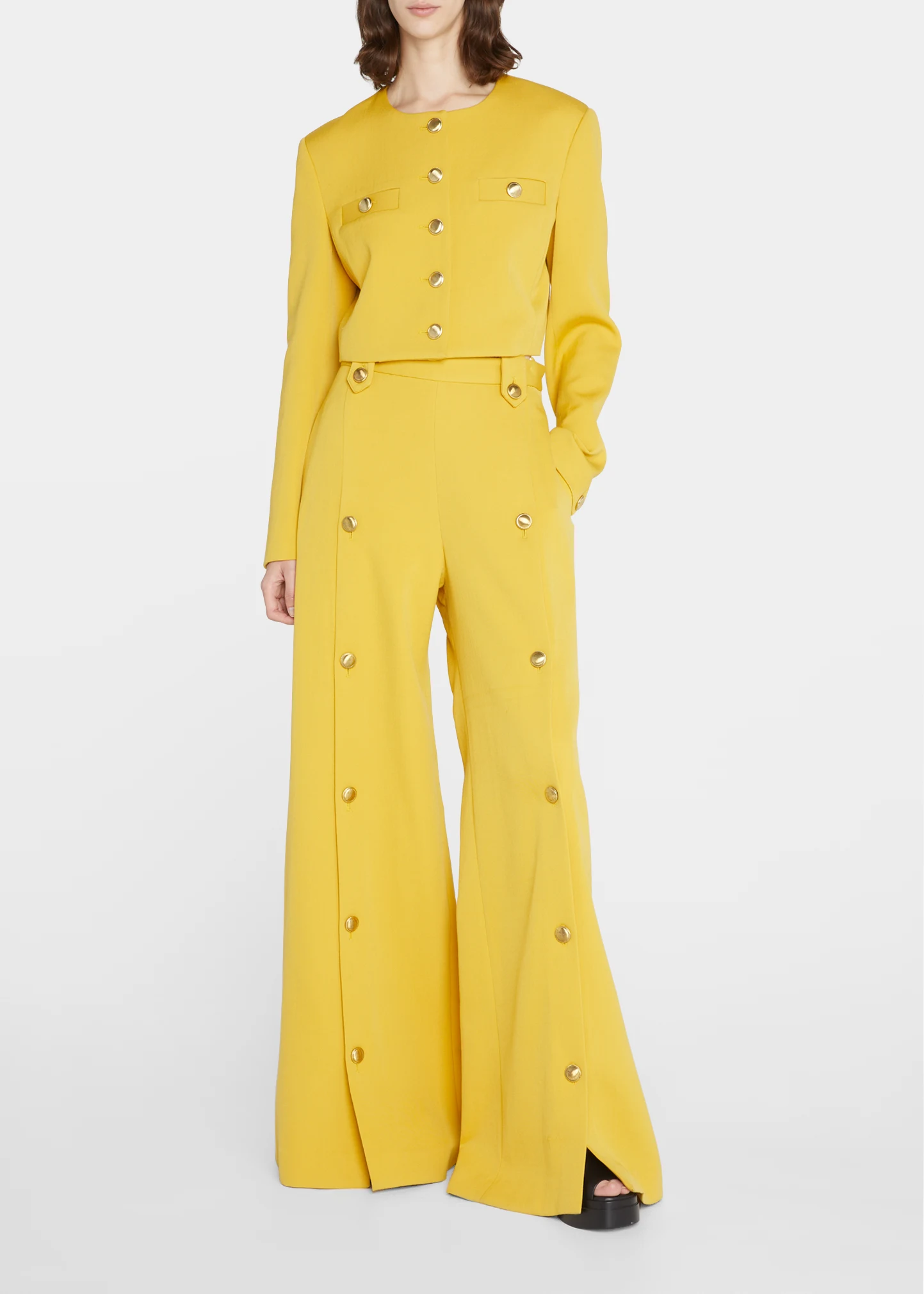 Button-Front Wide-Leg Crepe Pants