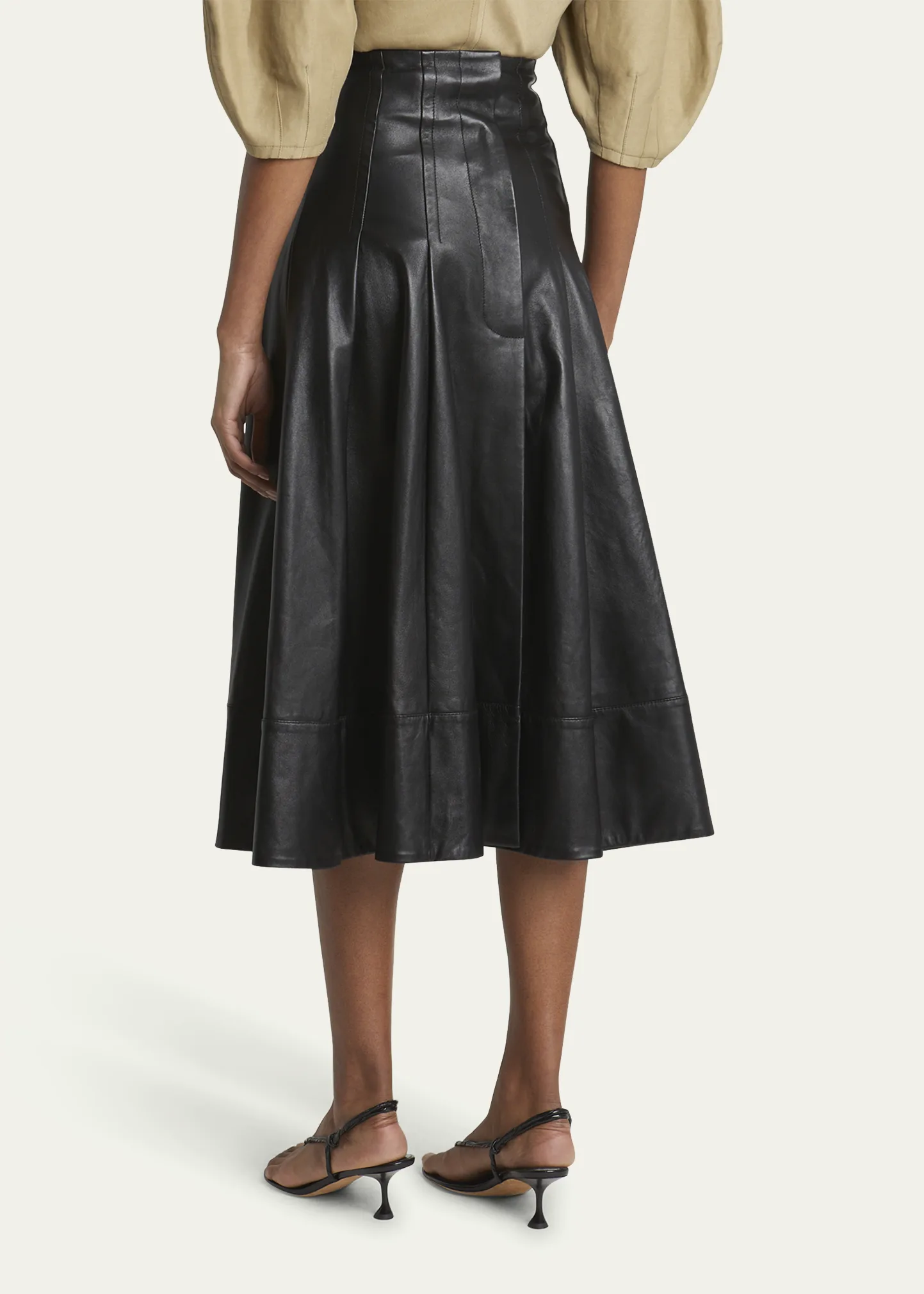 Moore Fit-Flare Glossy Leather Midi Skirt