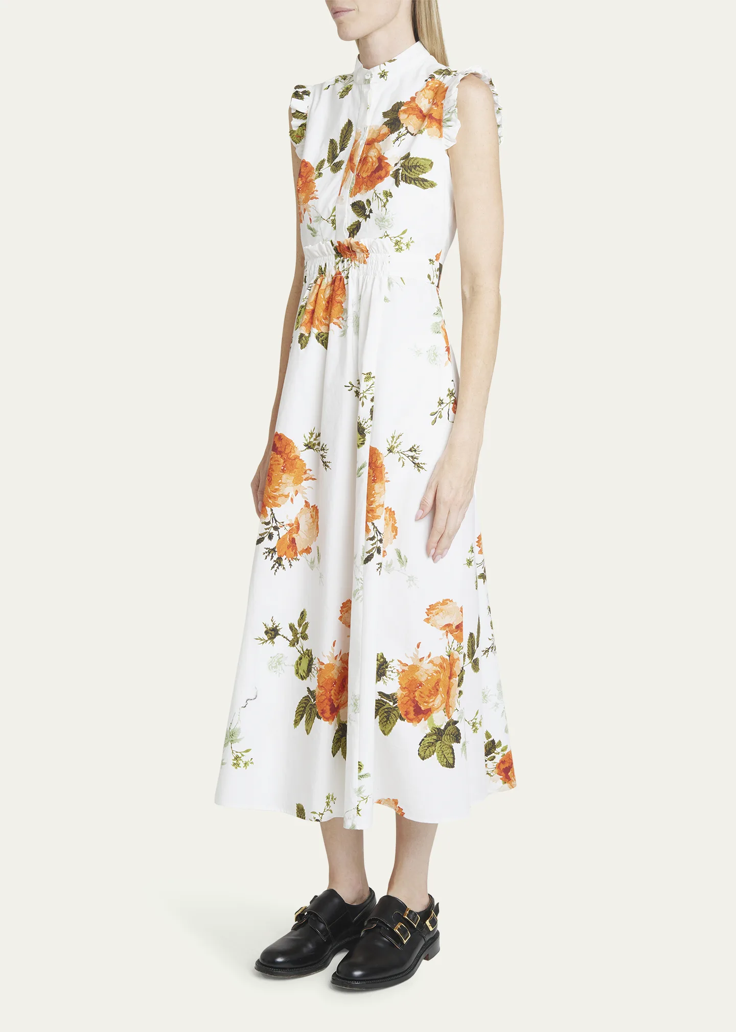 Floral-Print Ruffle Sleeveless Midi Shirtdress