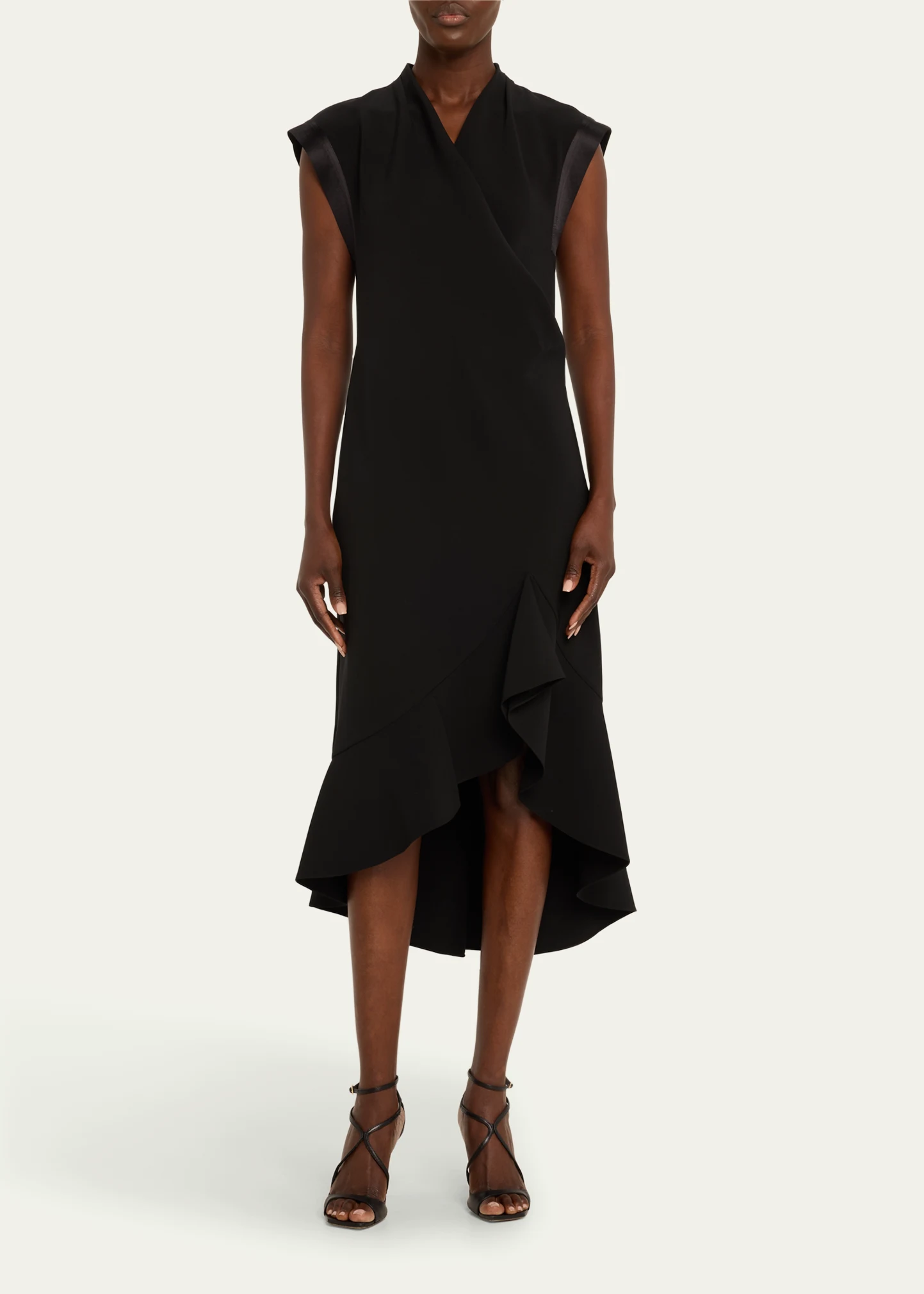 Drape Front Ruffle Hem High-Low Midi Dress