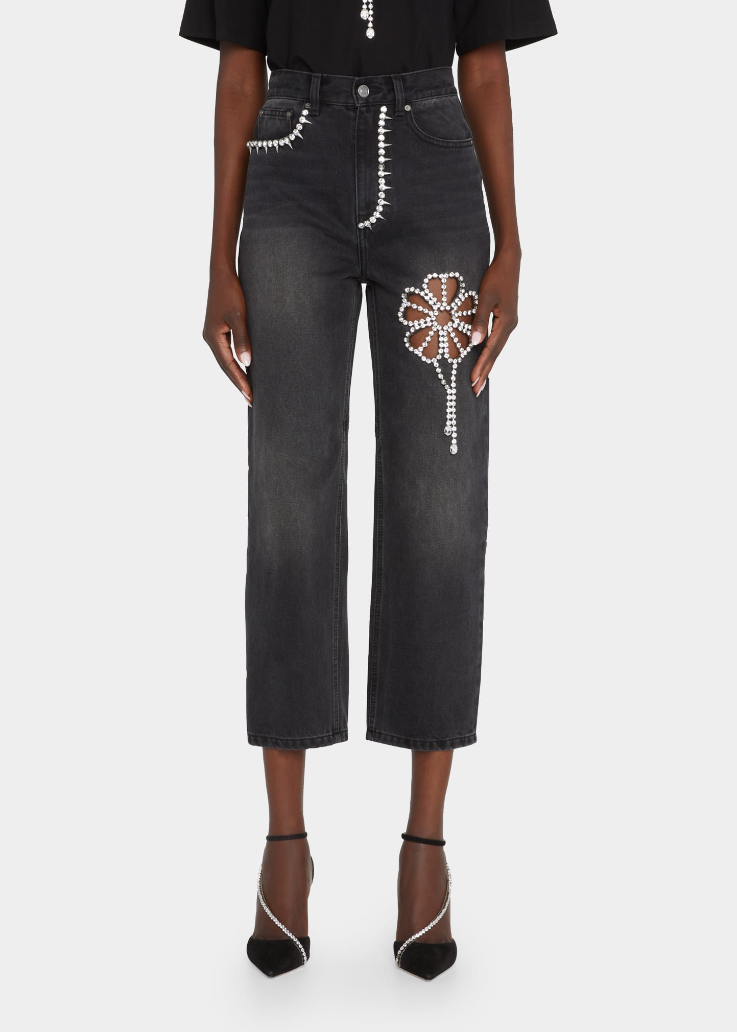 Crystal Flower Cutout Denim Pants