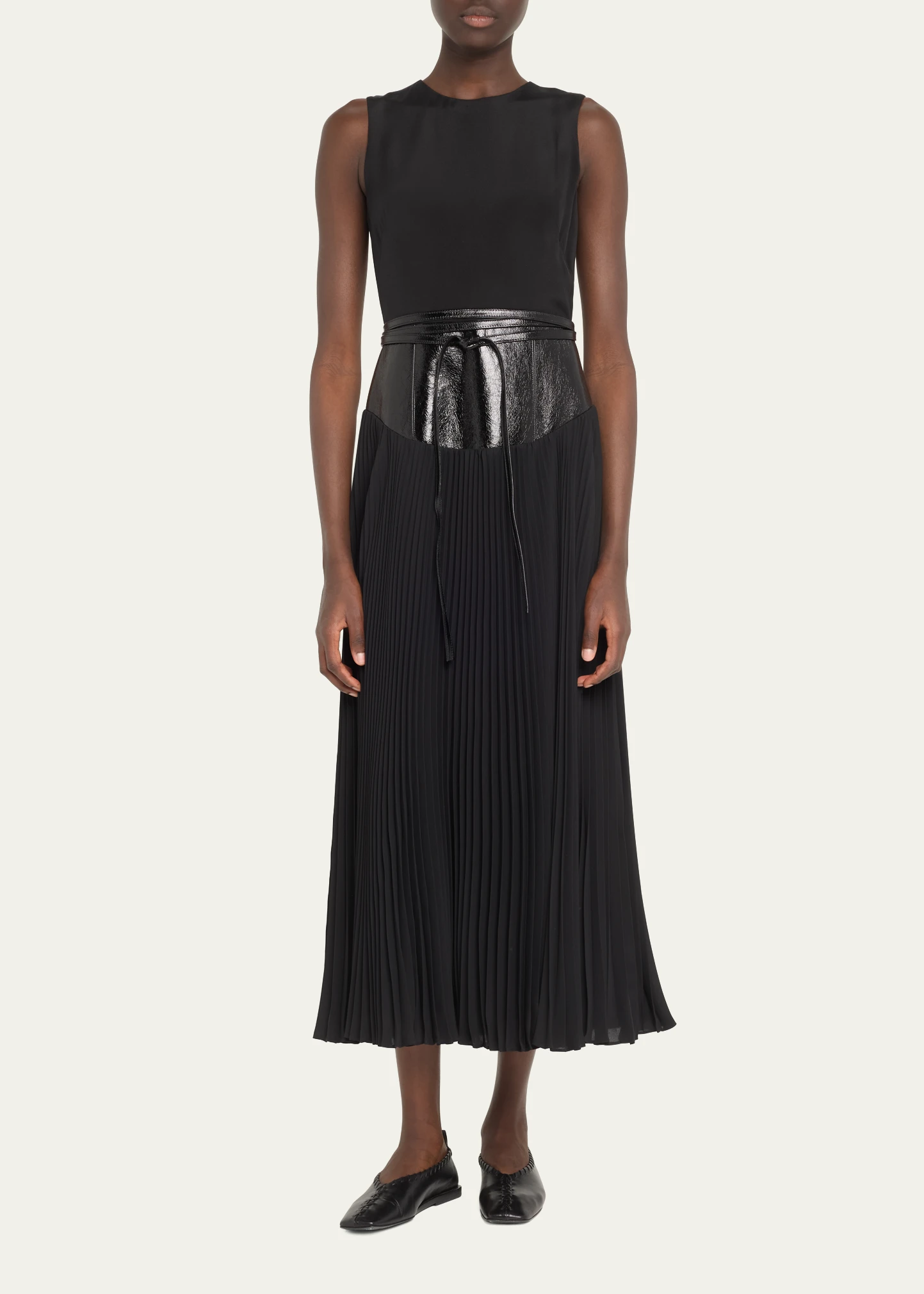 Leather Belt Gown with Pleated Skirt