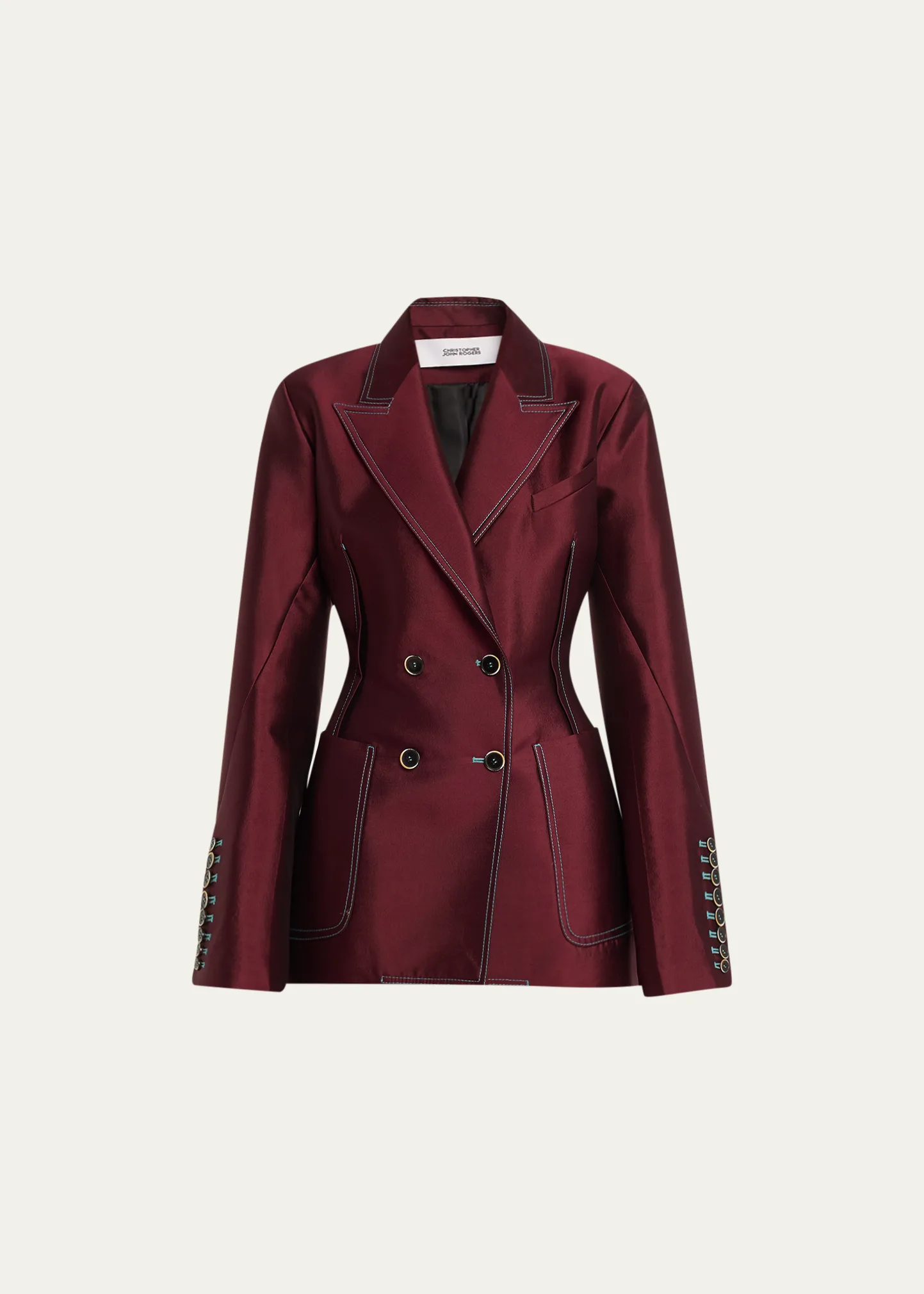 Pleated-Back Blazer Jacket with Contrast Seams