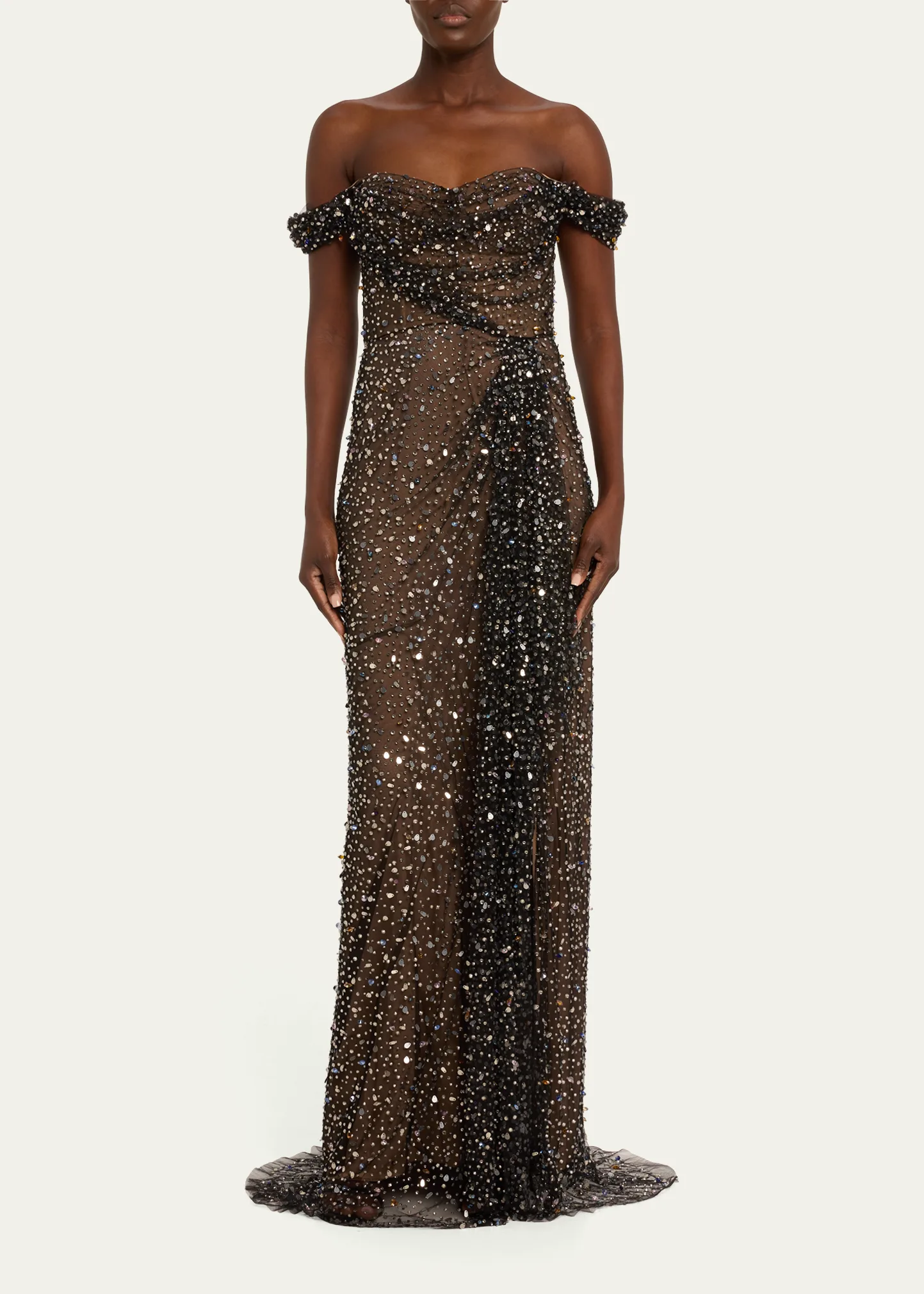 Off-Shoulder Illusion Gown with Multicolor Crystal and Sequin Details