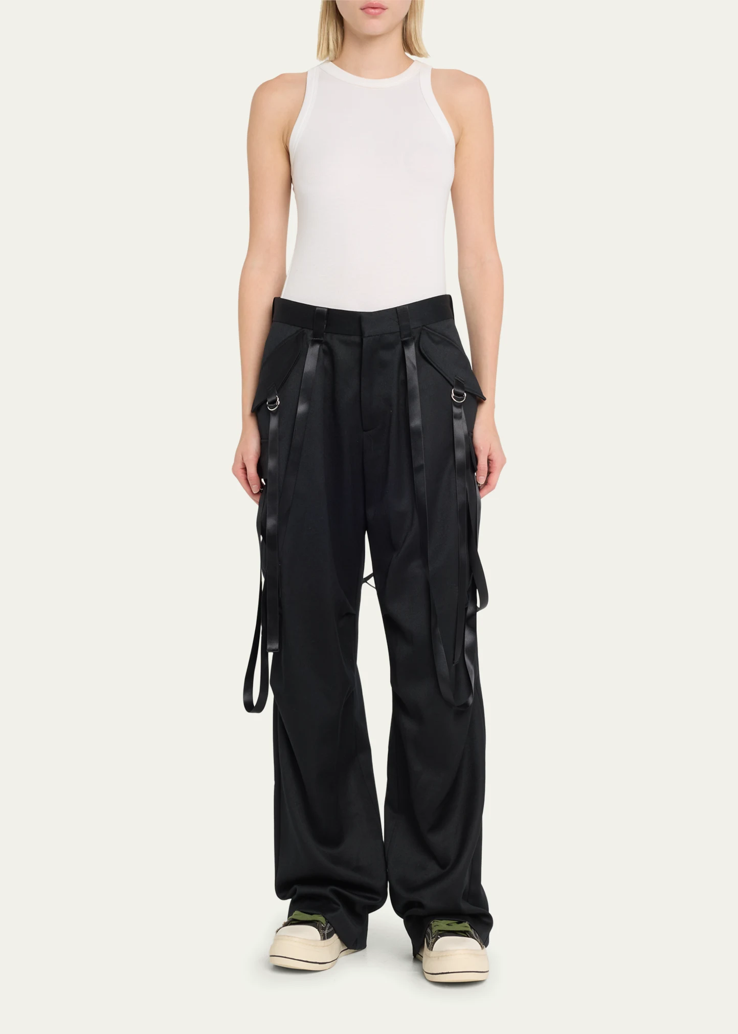 Strappy Wide-Leg Pleated Cargo Pants