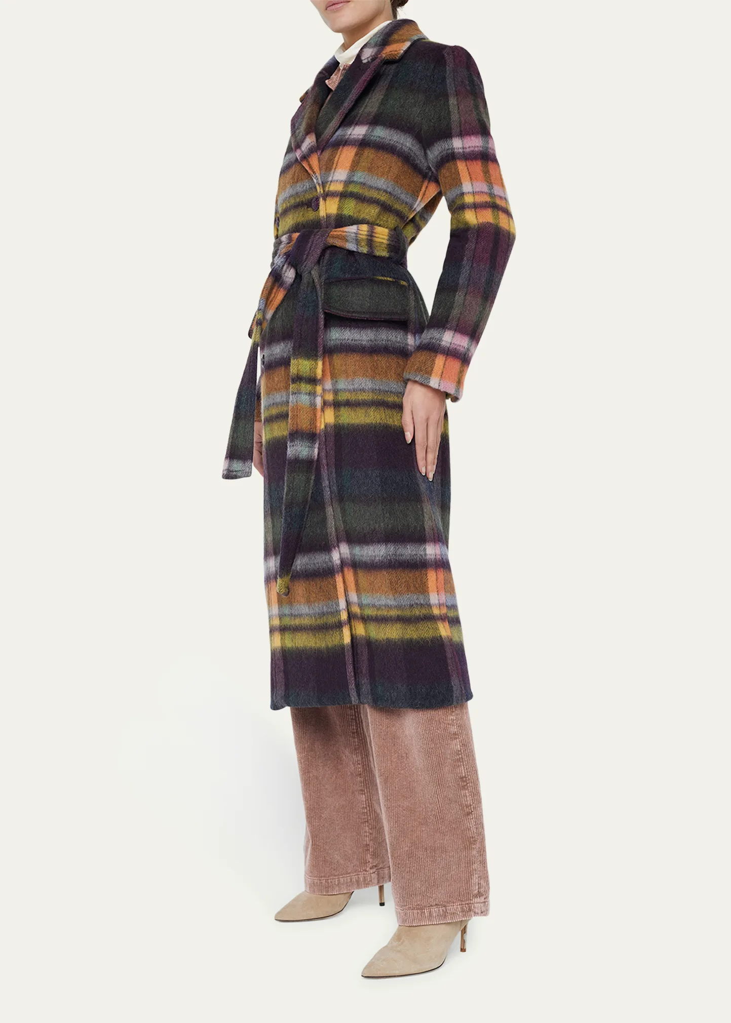 Olina Belted Plaid Trench Coat