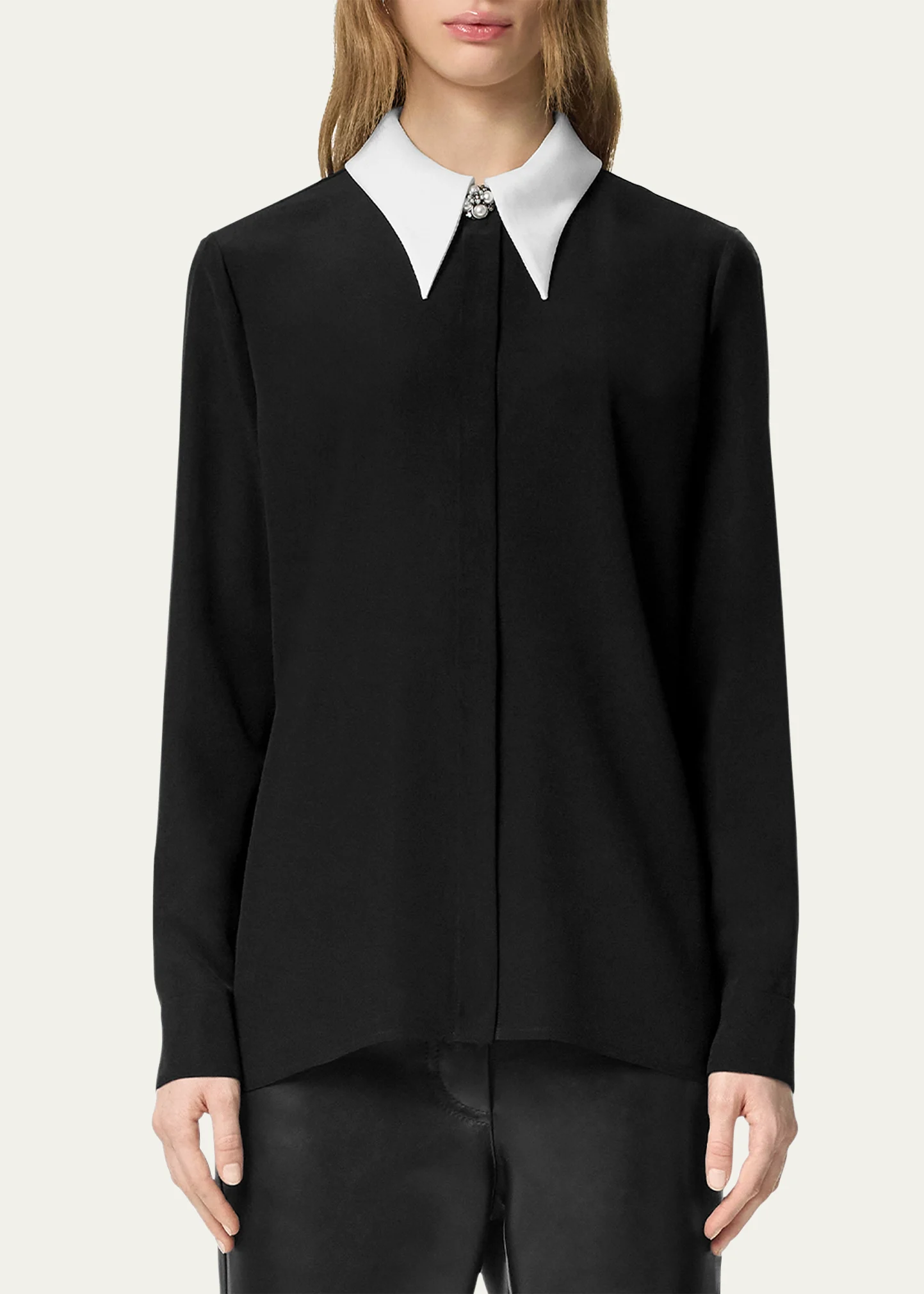 Contrast-Collar Silk Crepe De Chine Shirt