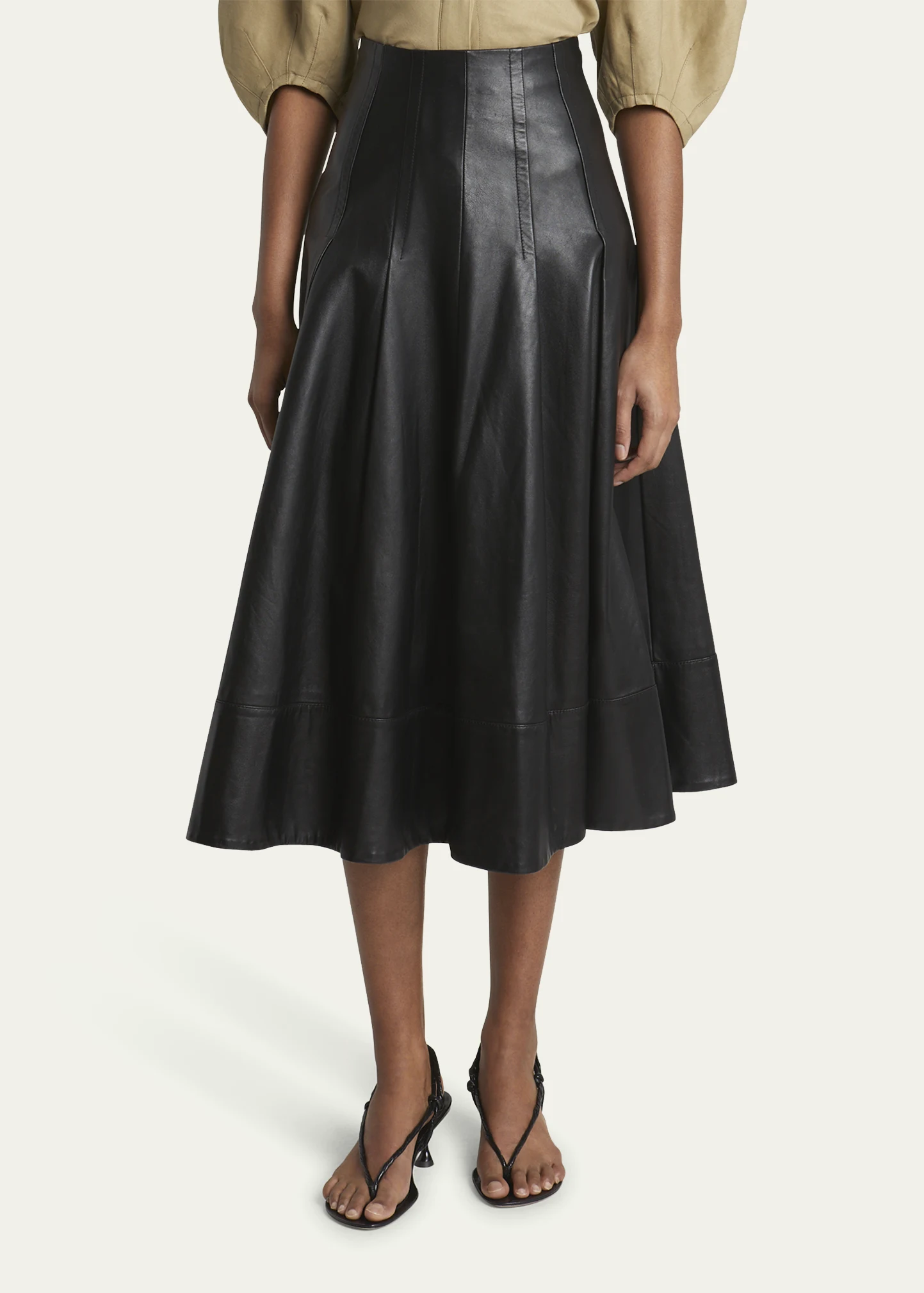 Moore Fit-Flare Glossy Leather Midi Skirt