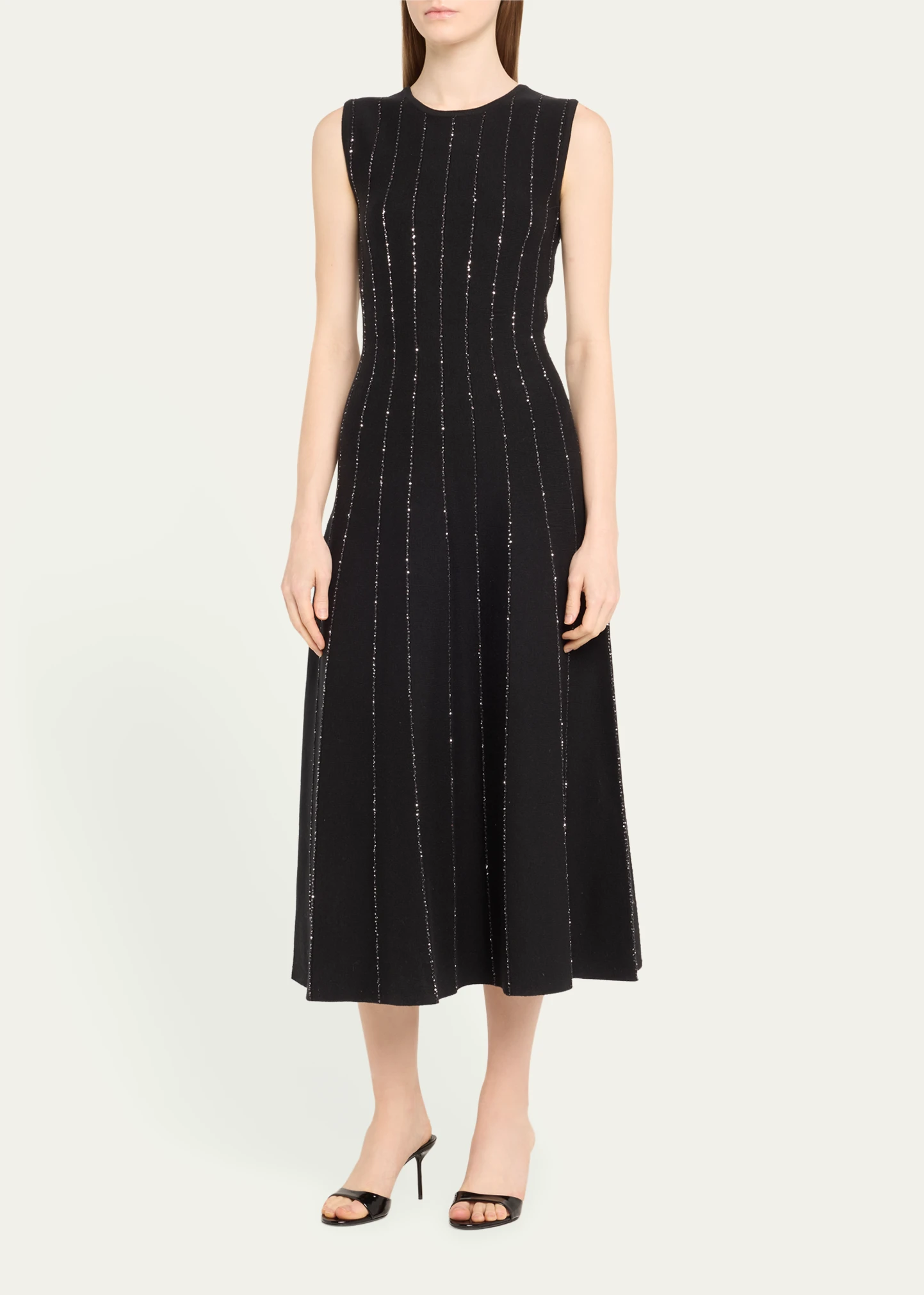 Jewel-Neck Sequined Stripe Midi Dress