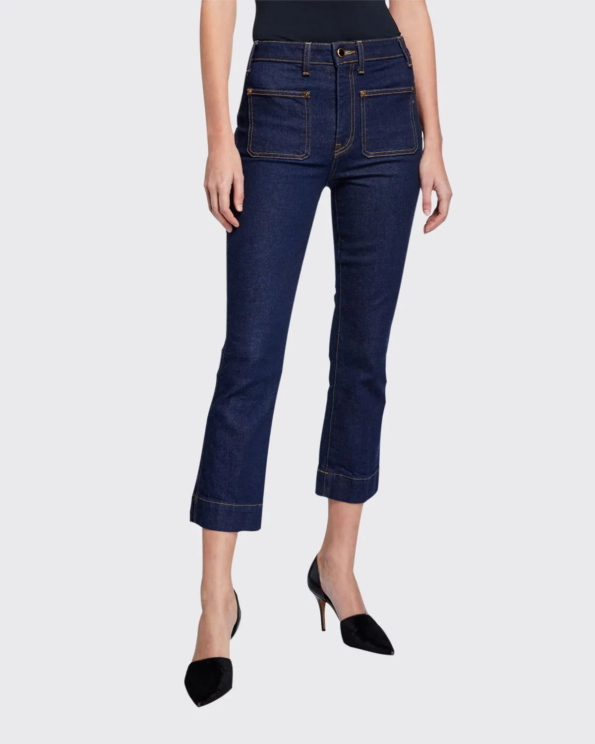 Raquel Patch-Pocket Crop Flare Jeans, Blue