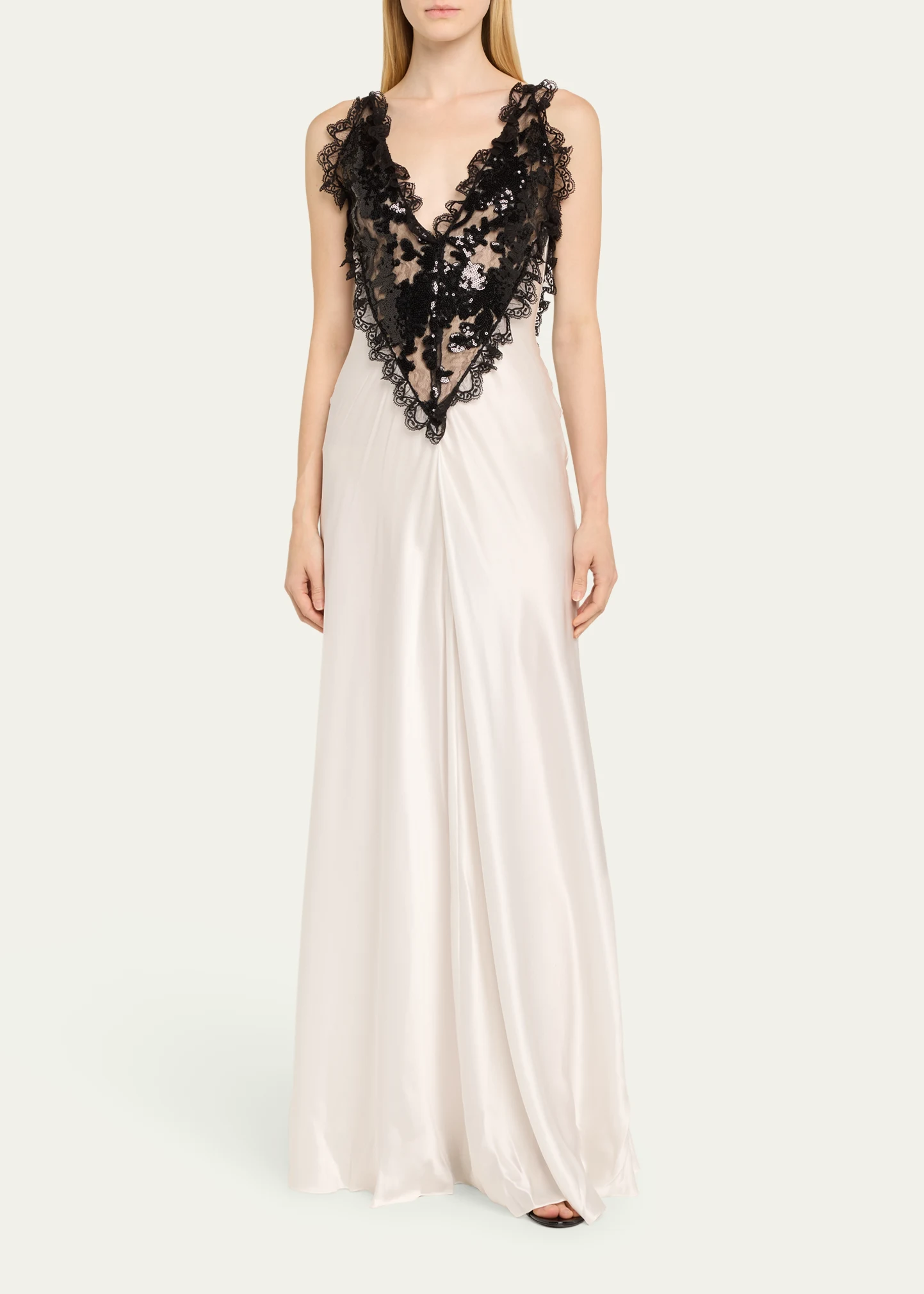 Sequined Lace-Trim Satin Dress