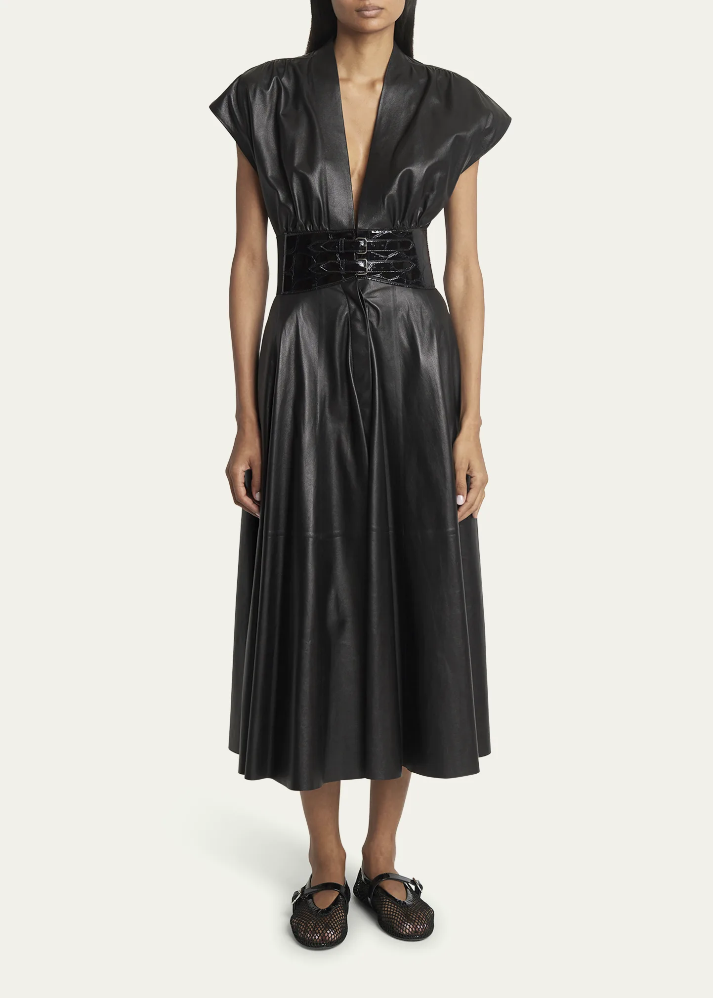 Leather Belted V-Neck Flared Midi Dress