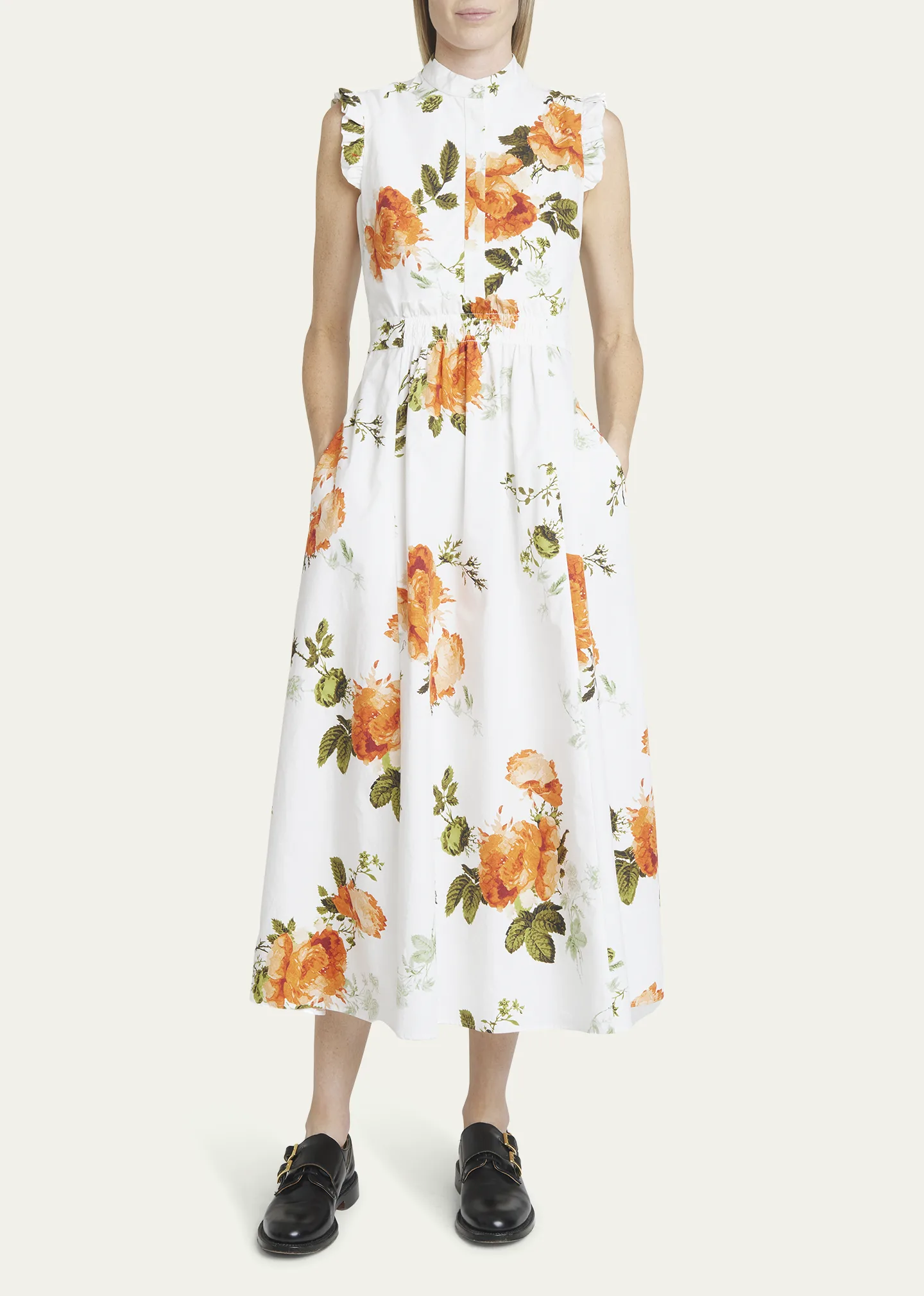 Floral-Print Ruffle Sleeveless Midi Shirtdress