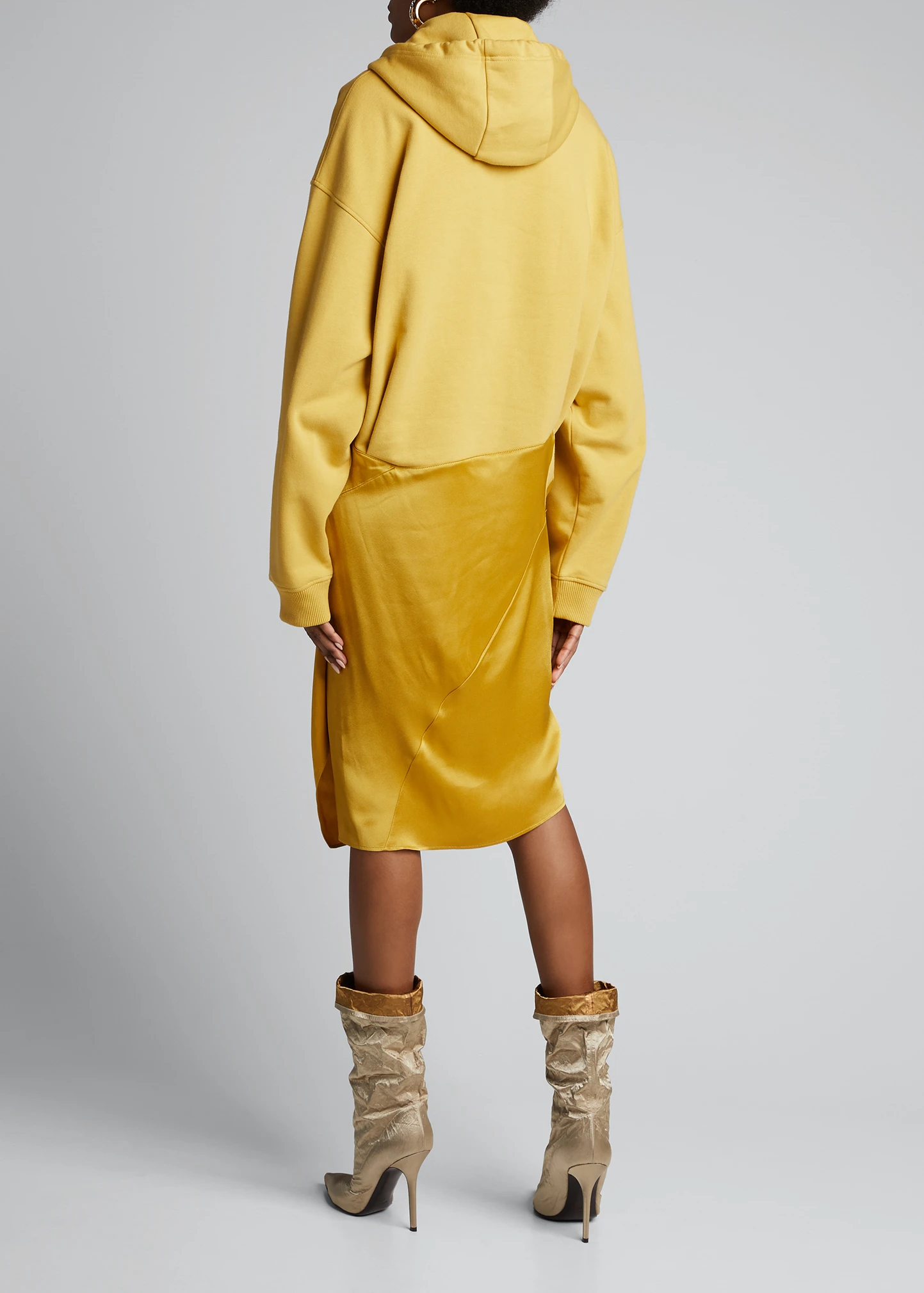 Satin-Skirt Hoodie Dress, Mustard