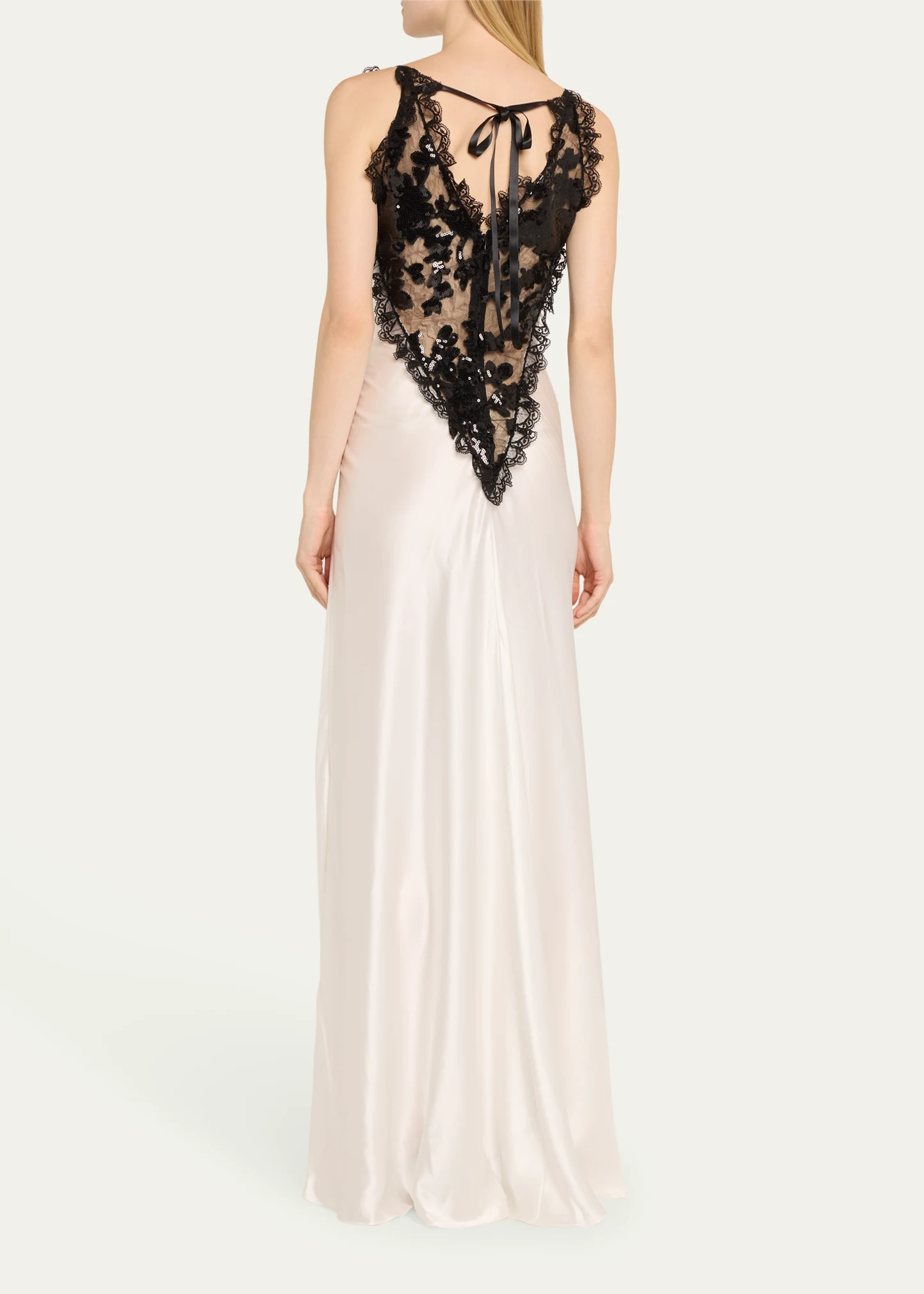 Sequined Lace-Trim Satin Dress