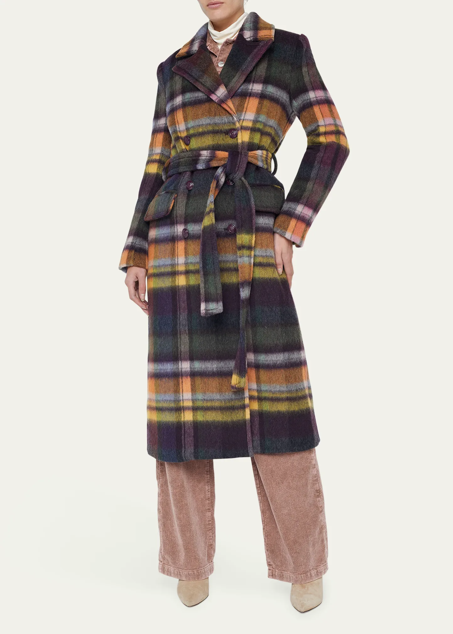 Olina Belted Plaid Trench Coat