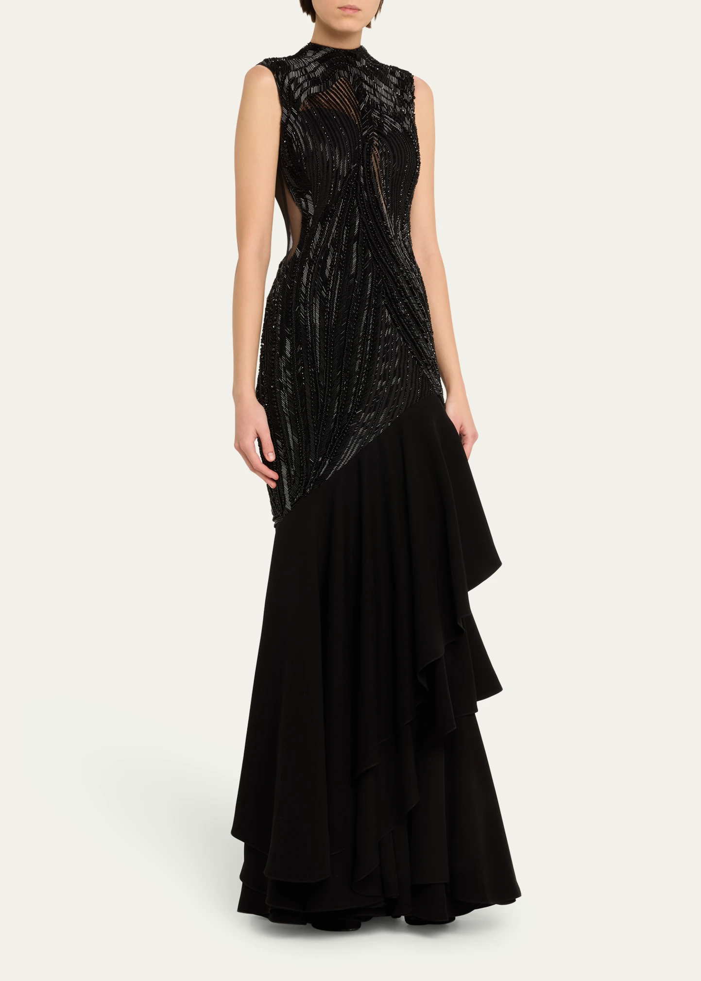 The Beaded Tulle Ruffle Draped Gown