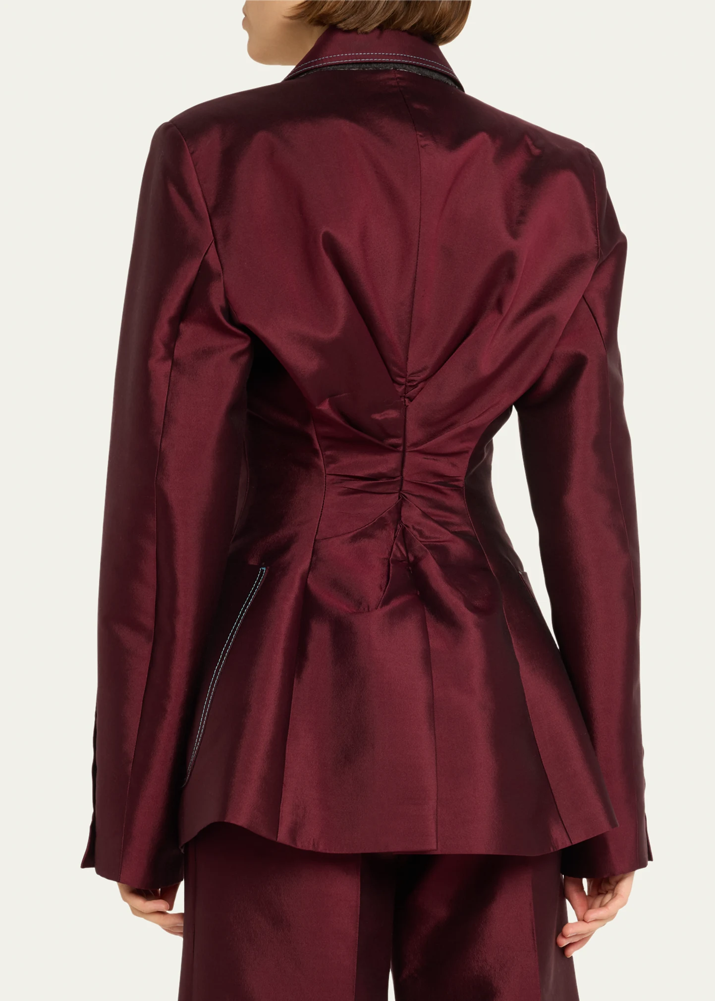 Pleated-Back Blazer Jacket with Contrast Seams