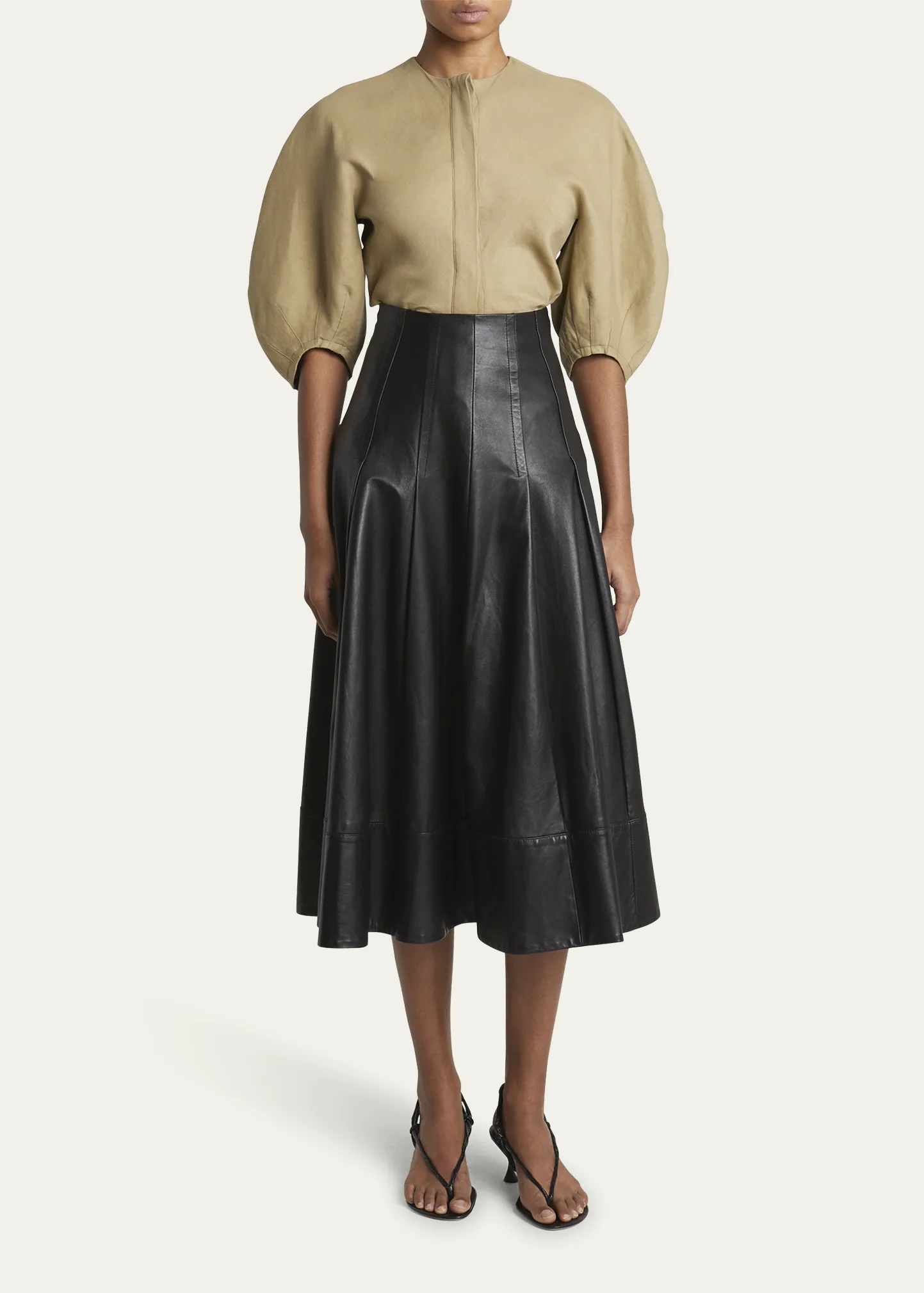 Moore Fit-Flare Glossy Leather Midi Skirt