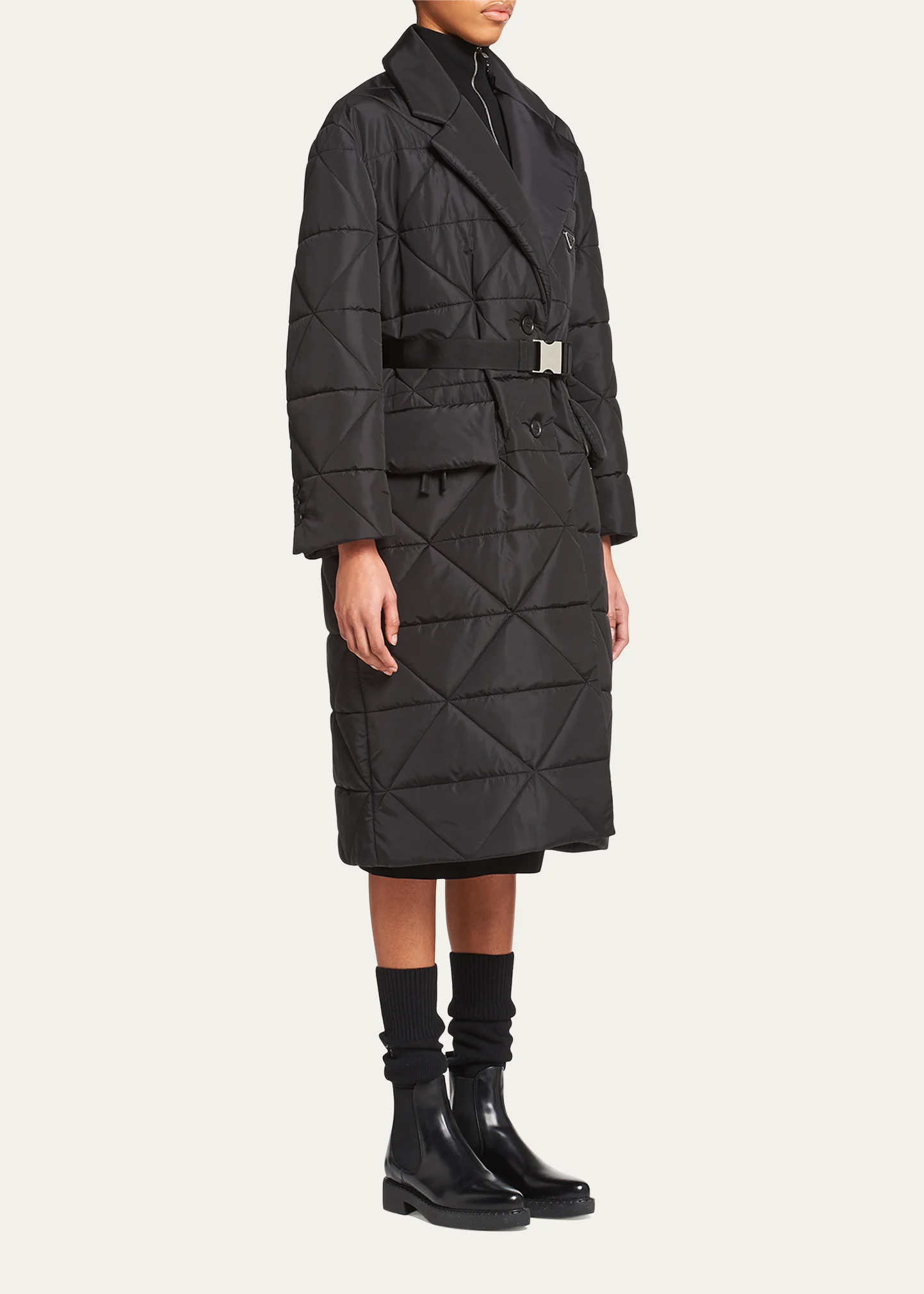 Re-Nylon Long Quilted Raincoat w/ Belt