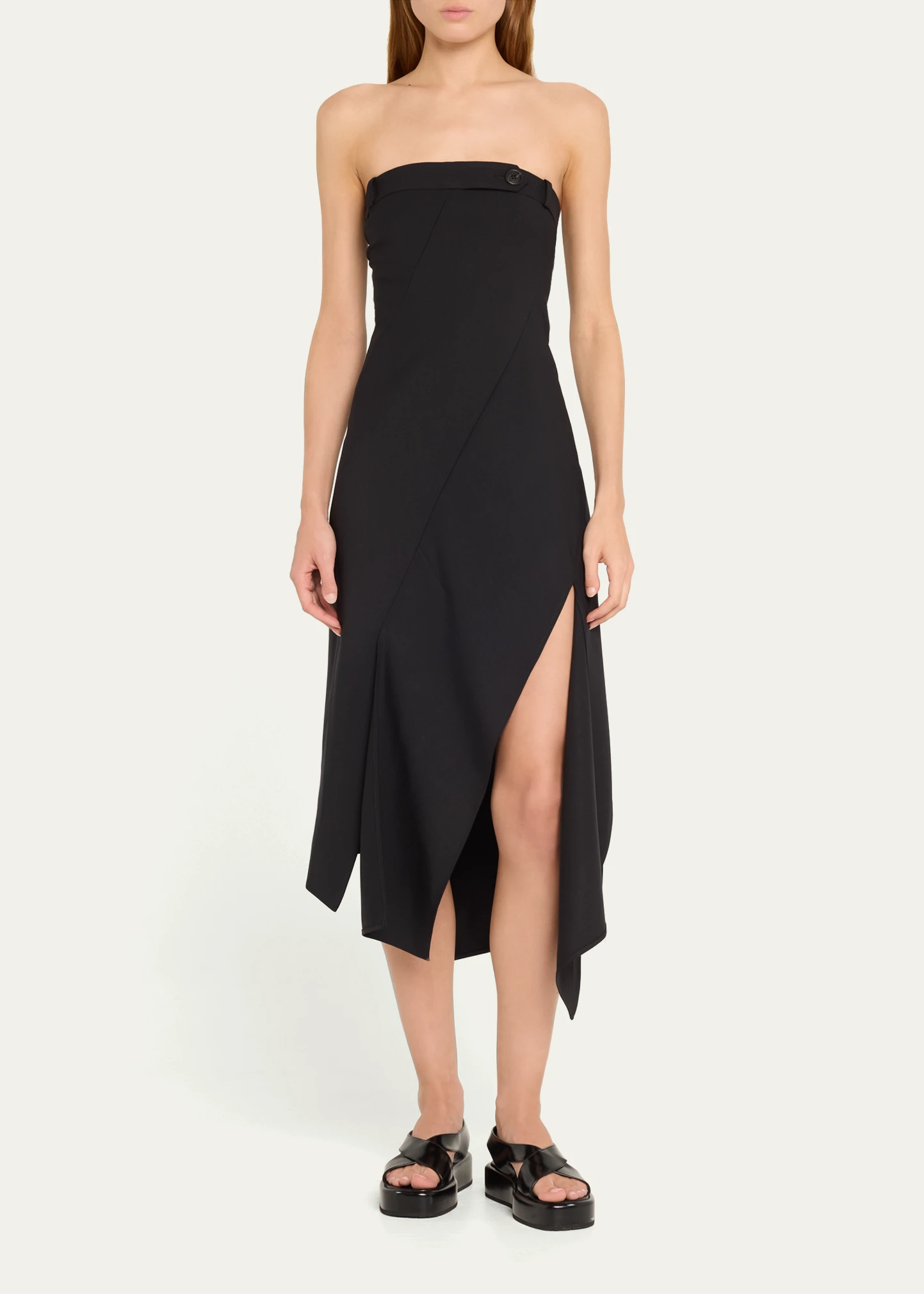 Twisted Suiting Strapless Handkerchief Wool Midi Dress