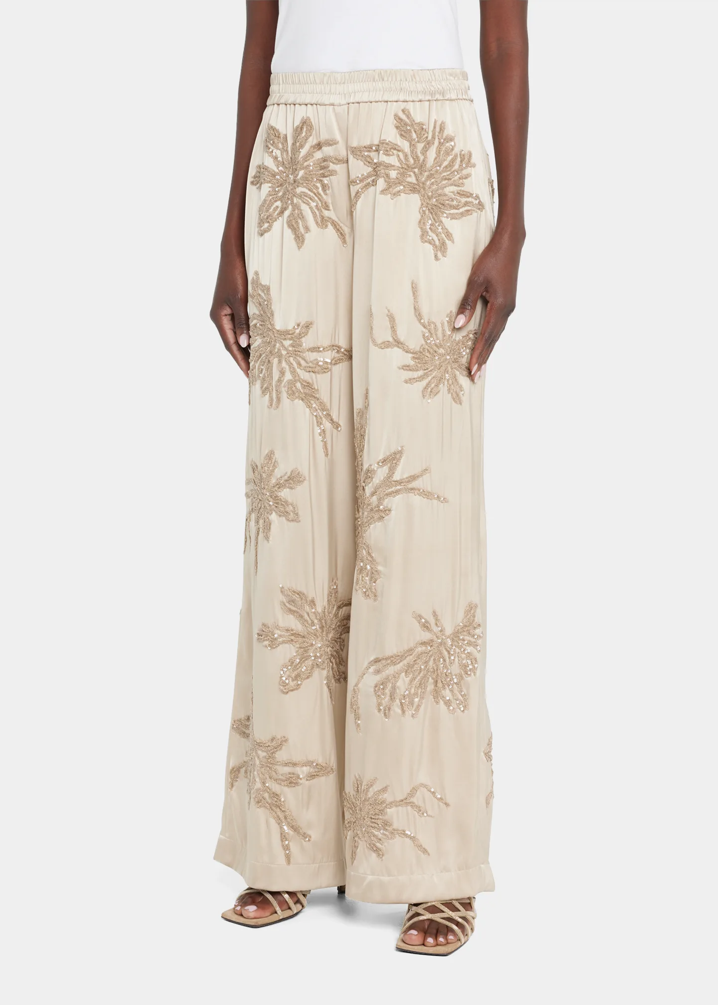 Silk Wide-Leg Pants With Botanical Embroidery