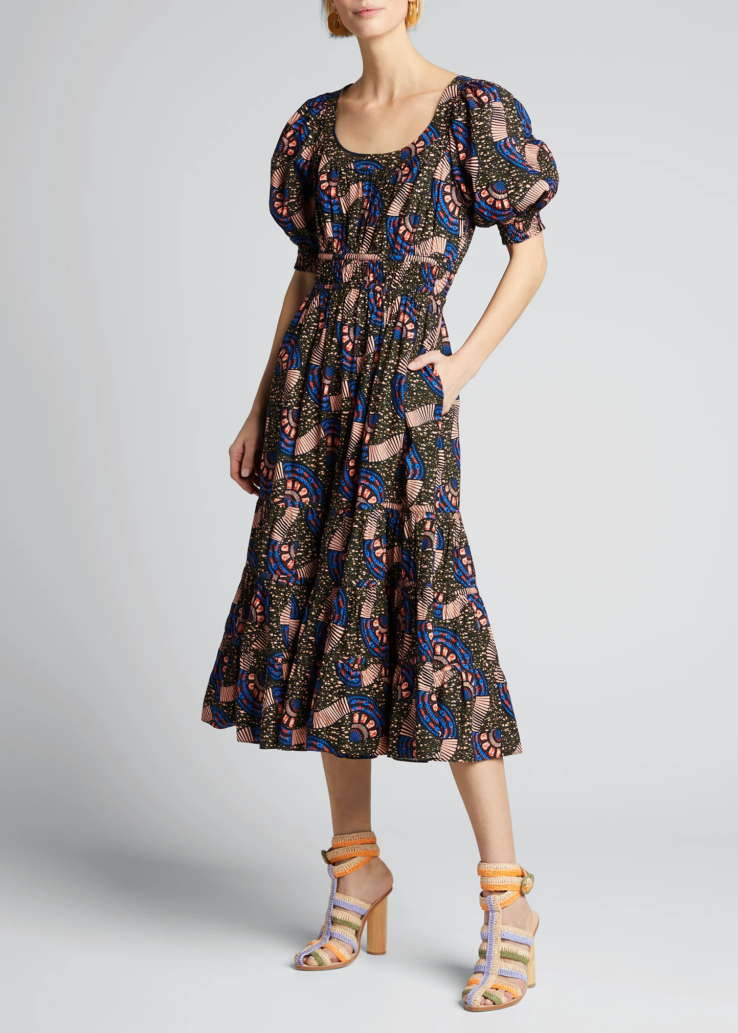 Juniper Puff-Sleeve Printed Midi Dress