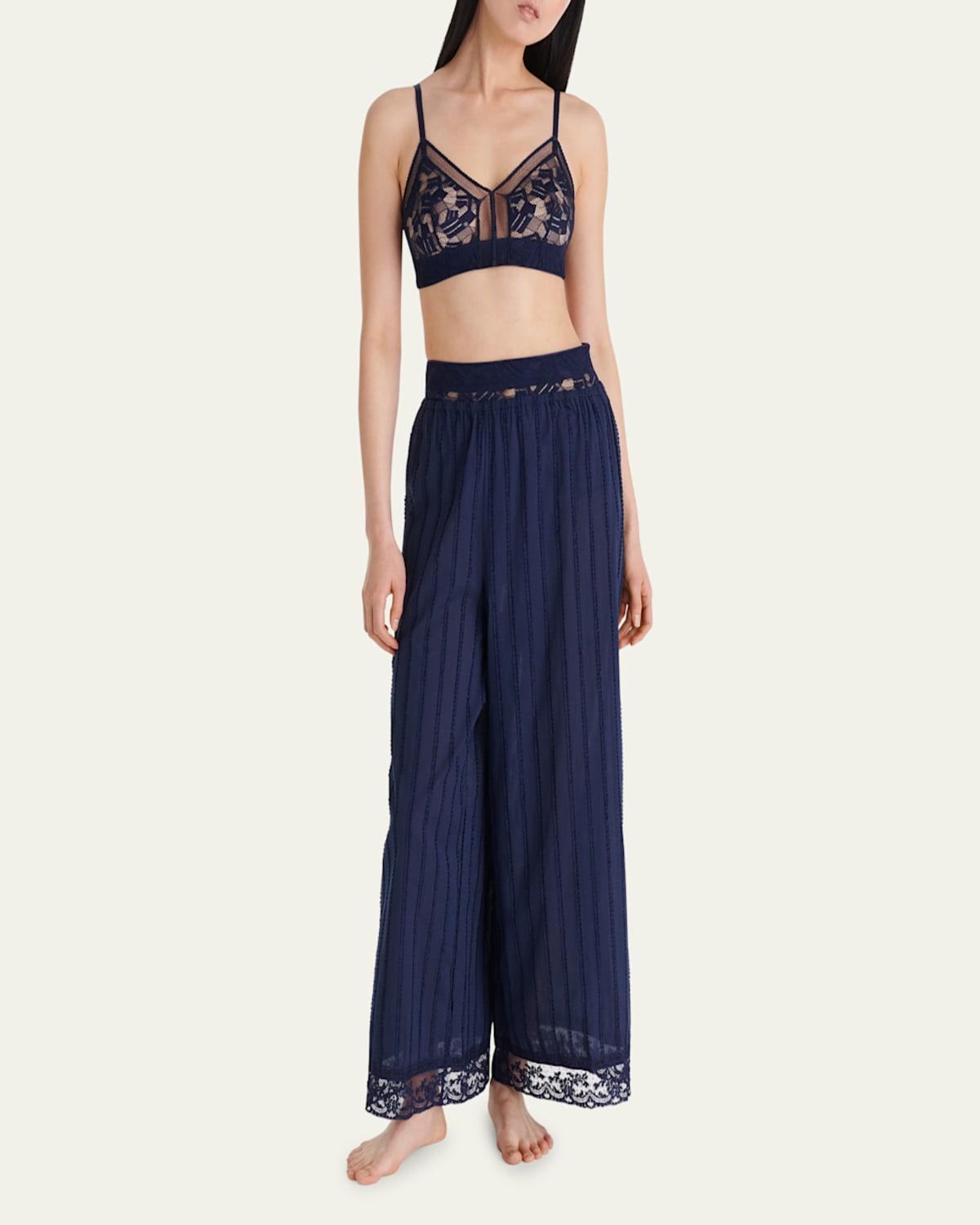 Coton Striped Lace-Trim Cropped Lounge Pants