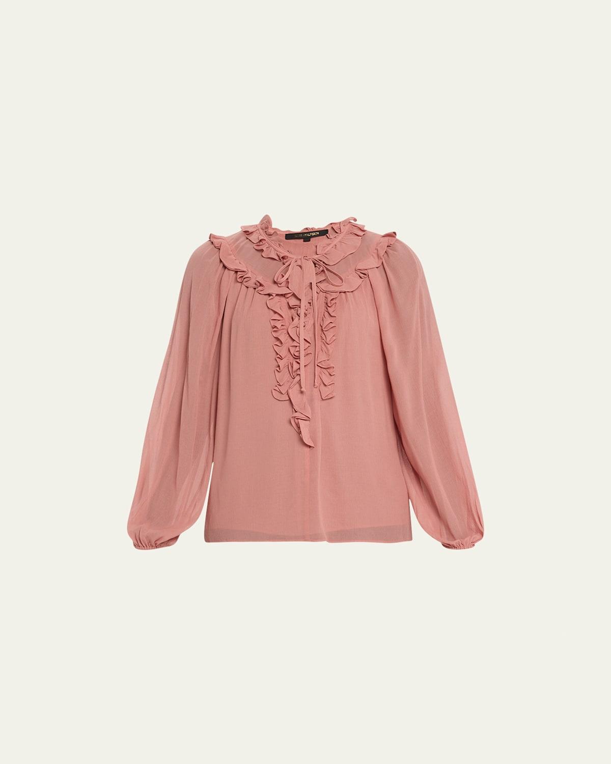 Dane Blouson-Sleeve Ruffle-Trim Blouse