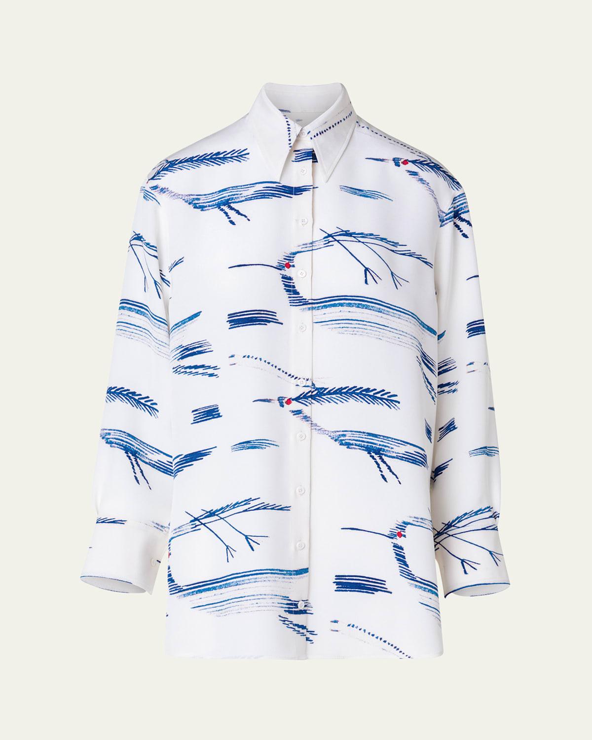 Silk Kasuri Birds Printed Button-Front Blouse